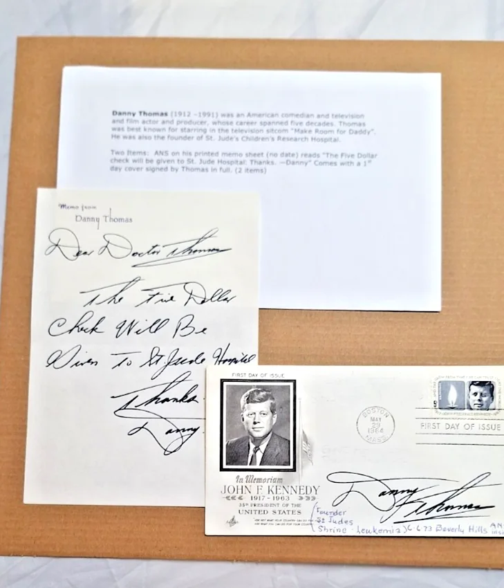 Danny Thomas — Danny Thomas Autograph on Memo Paper, JFK Memoriam Envelope Stationery