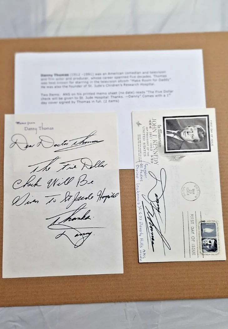 Danny Thomas — Danny Thomas Autograph on Memo Paper, JFK Memoriam Envelope Stationery, изображение 2