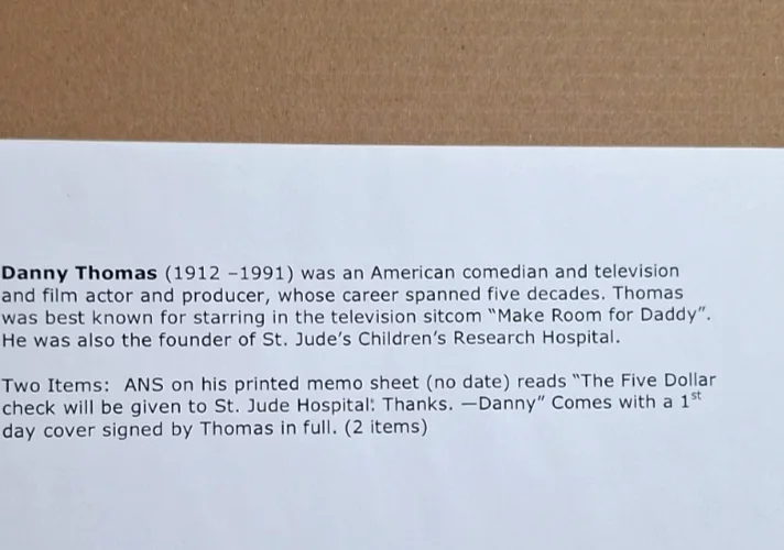 Danny Thomas — Danny Thomas Autograph on Memo Paper, JFK Memoriam Envelope Stationery, изображение 3