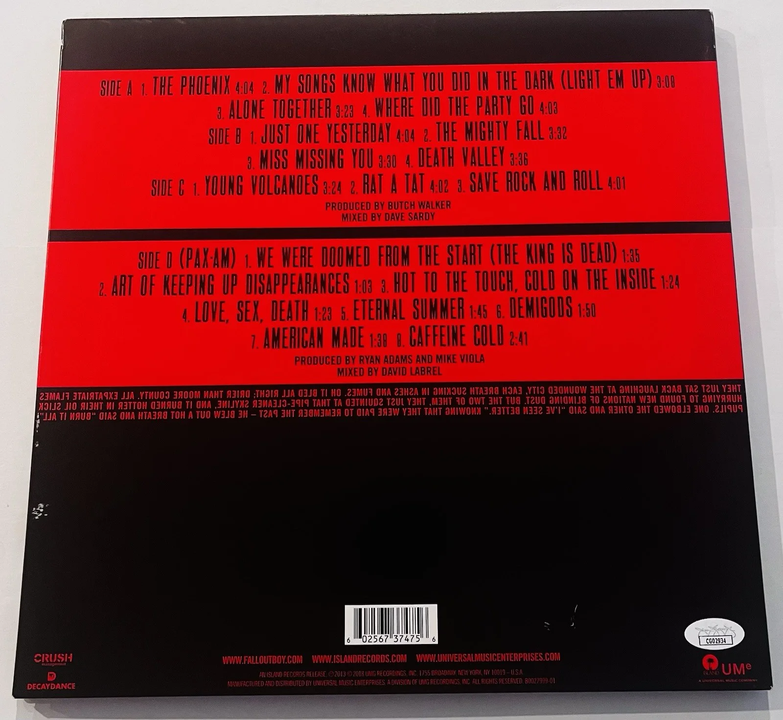 FALL OUT BOY SIGNED SAVE ROCK AND ROLL VINYL RECORD ALBUM PATRICK STUMP JSA COA, image 4