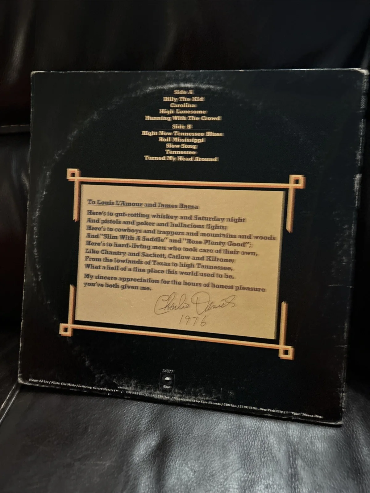 CHARLIE DANIELS AUTOGRAPHED HIGH LONESOME VINYL LP 1976 EPIC FIRST PRESS, изображение 3