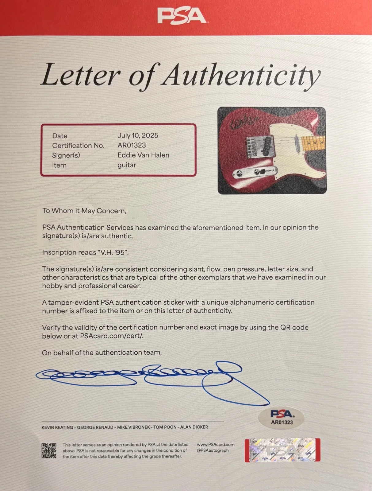 Eddie Van Halen Signed Peavey Guitar Autographed VH On Body PSA PSA/DNA, изображение 4