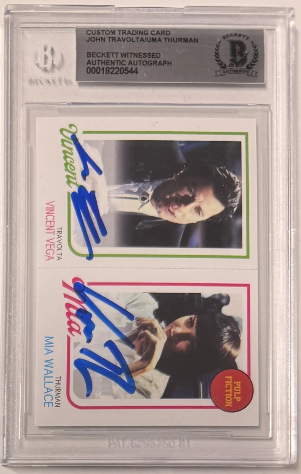 John Travolta and Uma Thurman — Custom Card Pulp Fiction #94 Signed John Travolta Uma Thurman Beckett Witnessed