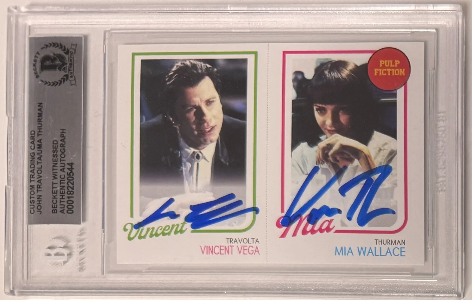 John Travolta, Uma Thurman — Custom Card Pulp Fiction #94 Signed John Travolta Uma Thurman Beckett Witnessed, image 2