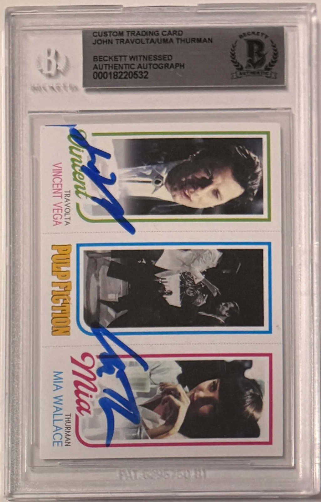John Travolta and Uma Thurman — Custom Card Pulp Fiction #94 Signed John Travolta Uma Thurman Beckett Witnessed