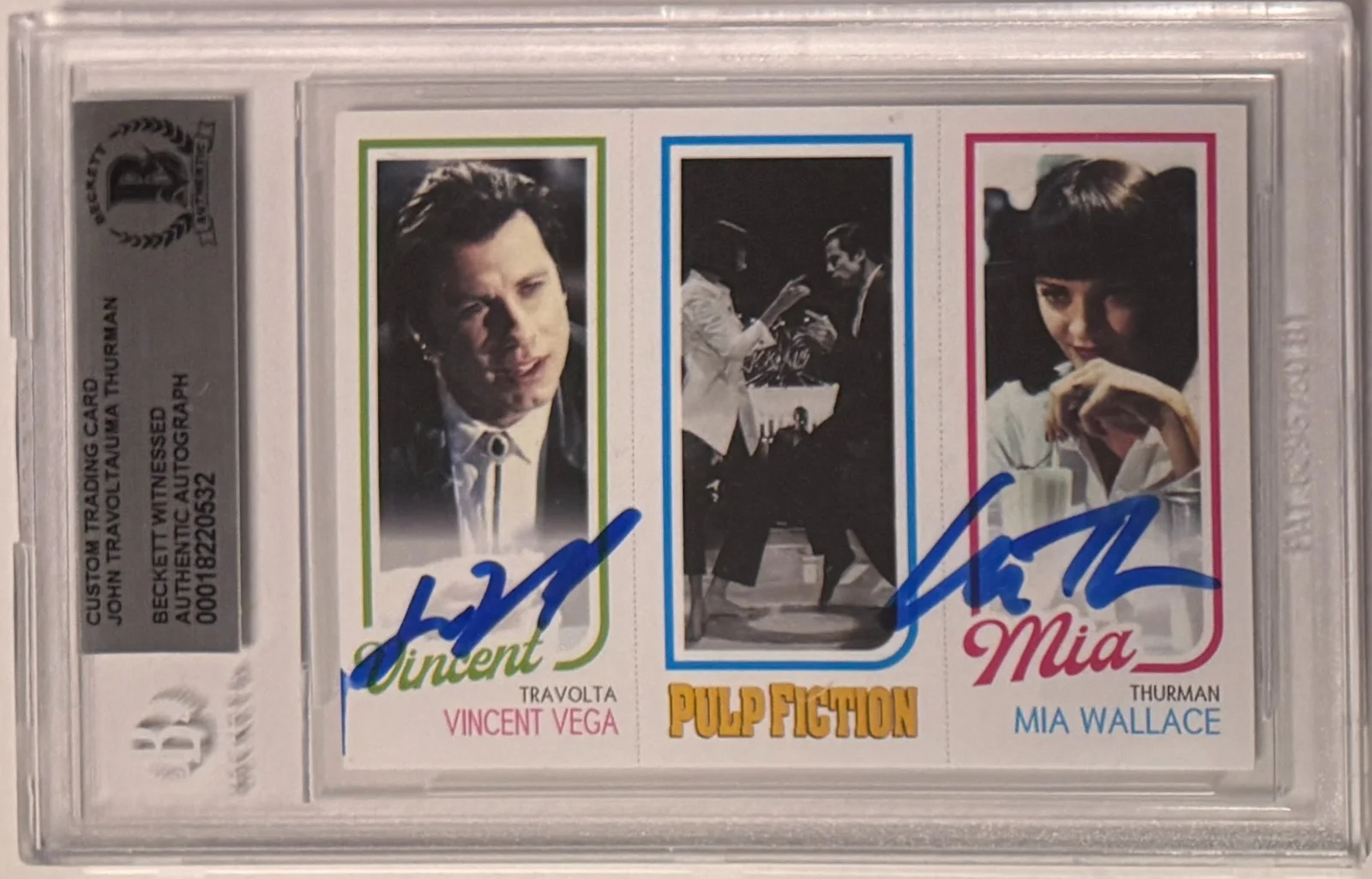 John Travolta, Uma Thurman — Custom Card Pulp Fiction #94 Signed John Travolta Uma Thurman Beckett Witnessed, image 2