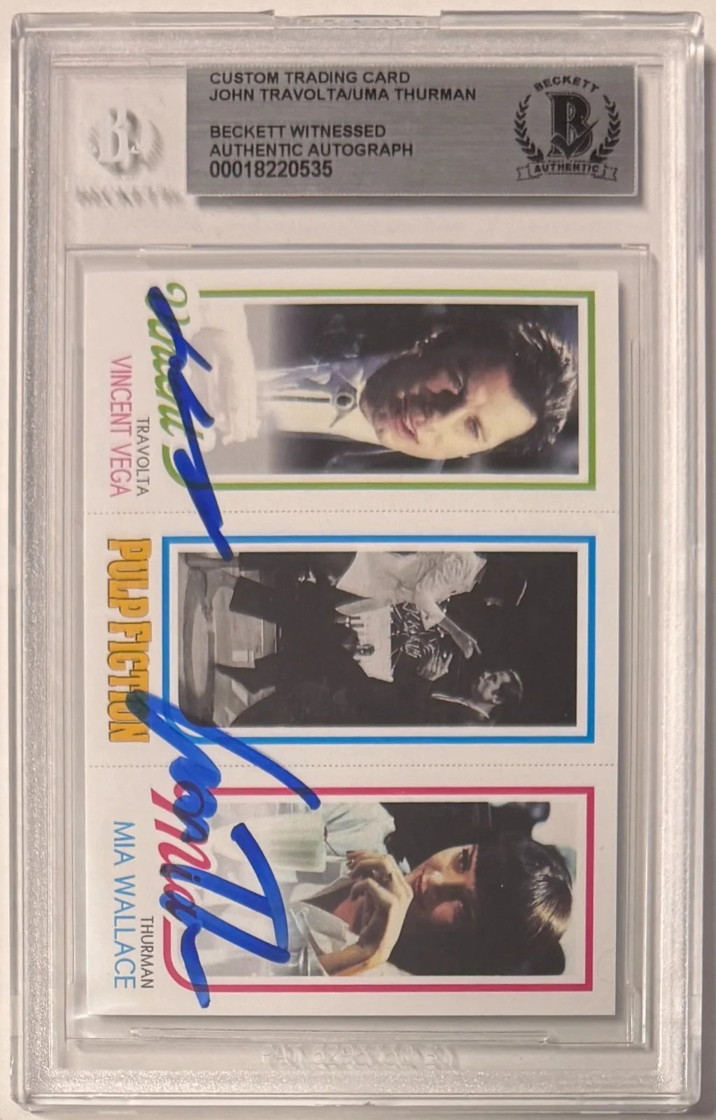 John Travolta, Uma Thurman — Custom Card Pulp Fiction #94 Signed John Travolta Uma Thurman Beckett Witnessed, image 3