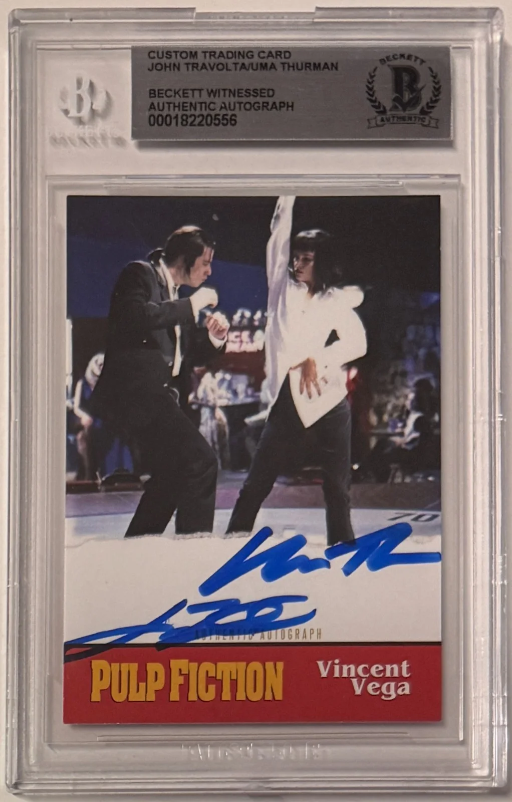 John Travolta and Uma Thurman — Custom Card Pulp Fiction #94 Signed John Travolta Uma Thurman Beckett Witnessed