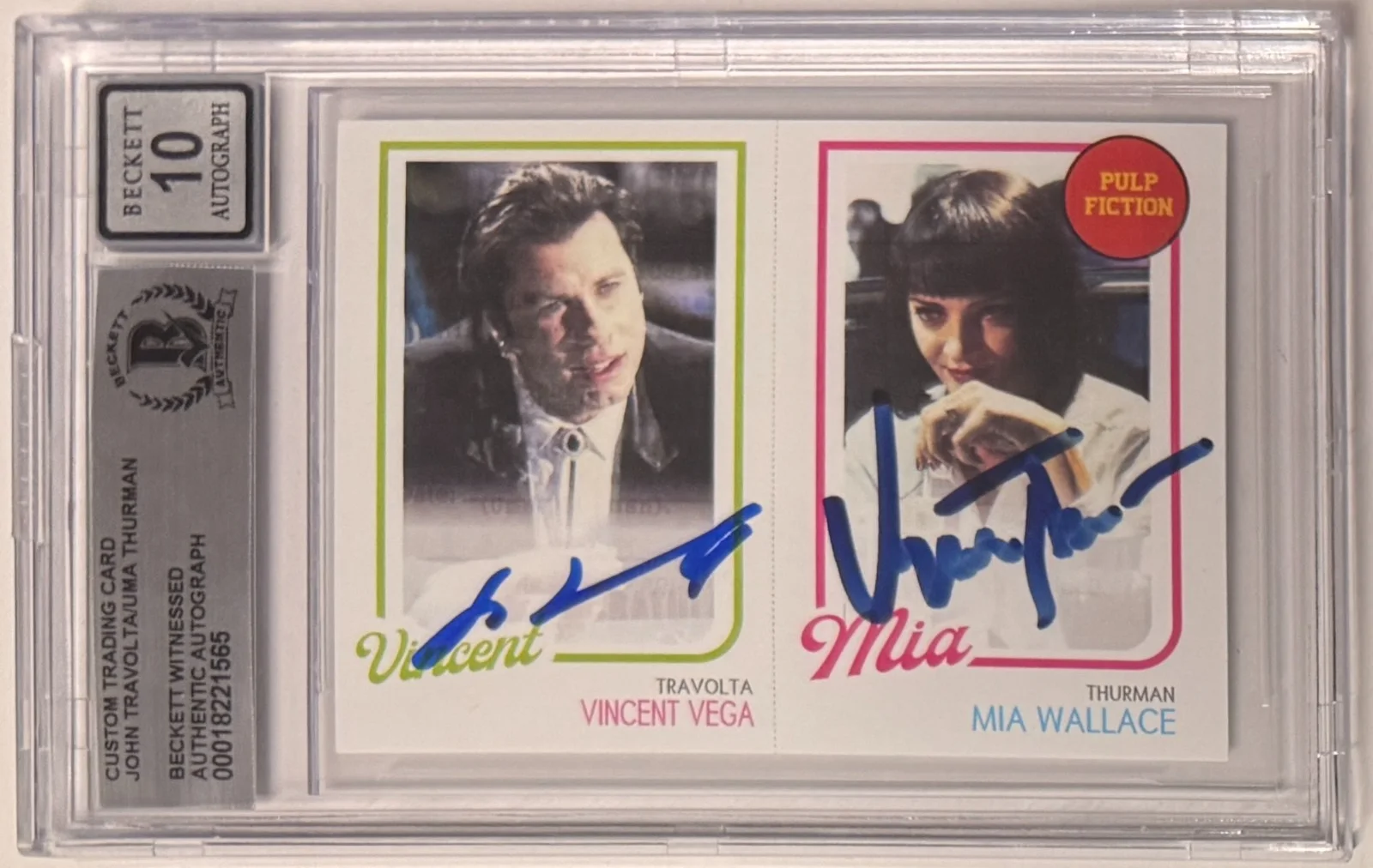 John Travolta, Uma Thurman — Custom Card Pulp Fiction #94 Signed John Travolta Uma Thurman Beckett AUTO 10, image 2
