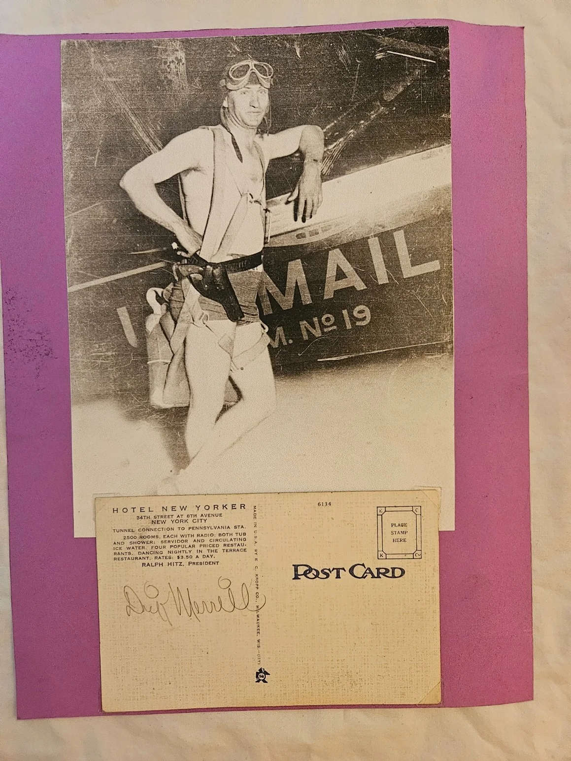 Vintage Aviation pioneer Dick Merrill autograph postcard, image 2