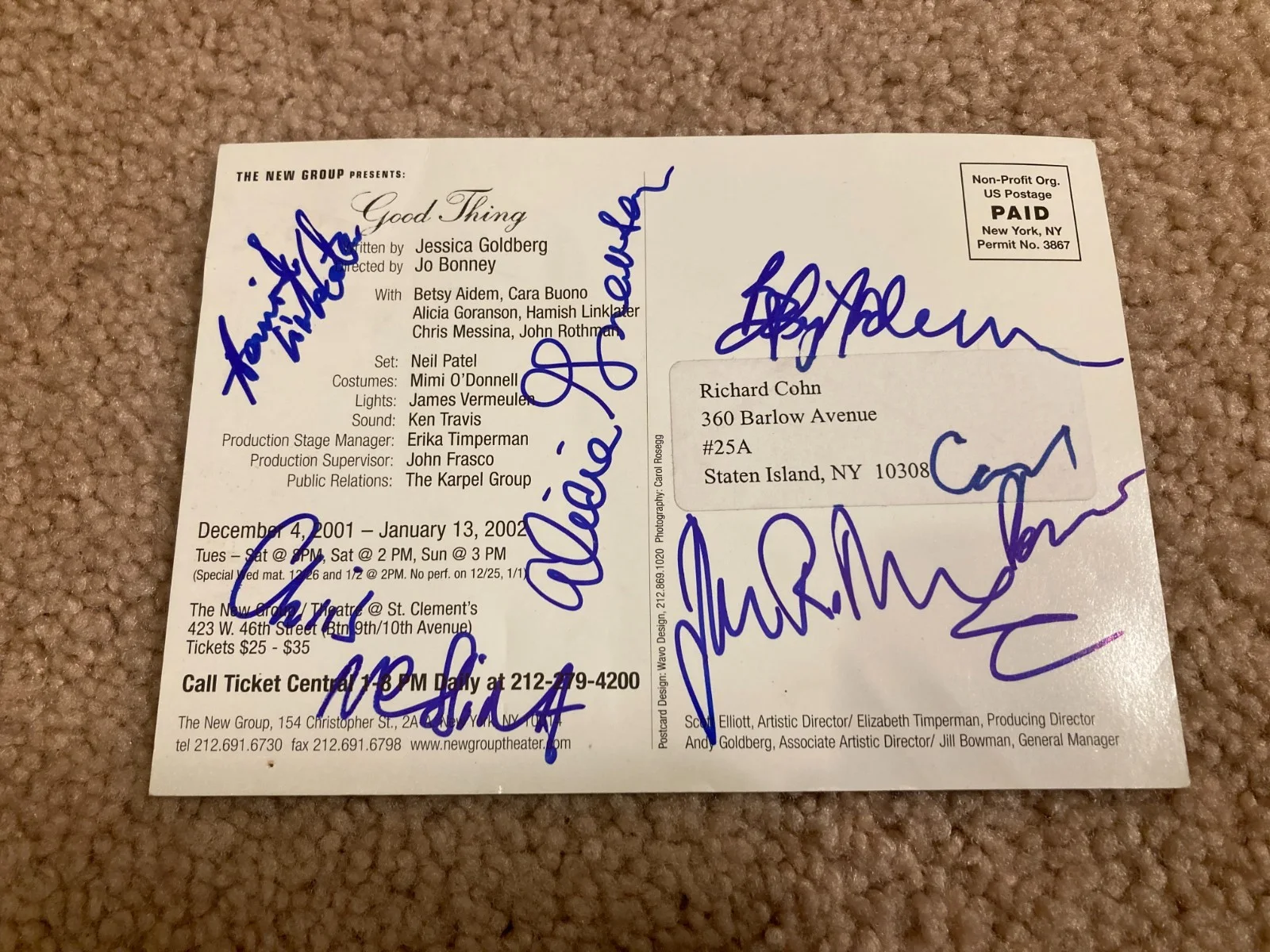 Hamish Linklater, Cara Buono, Alicia Goranson, Chris Messina — Hamish Linklater Cara Buono Alicia Goranson Messina Signed Good Thing Postcard