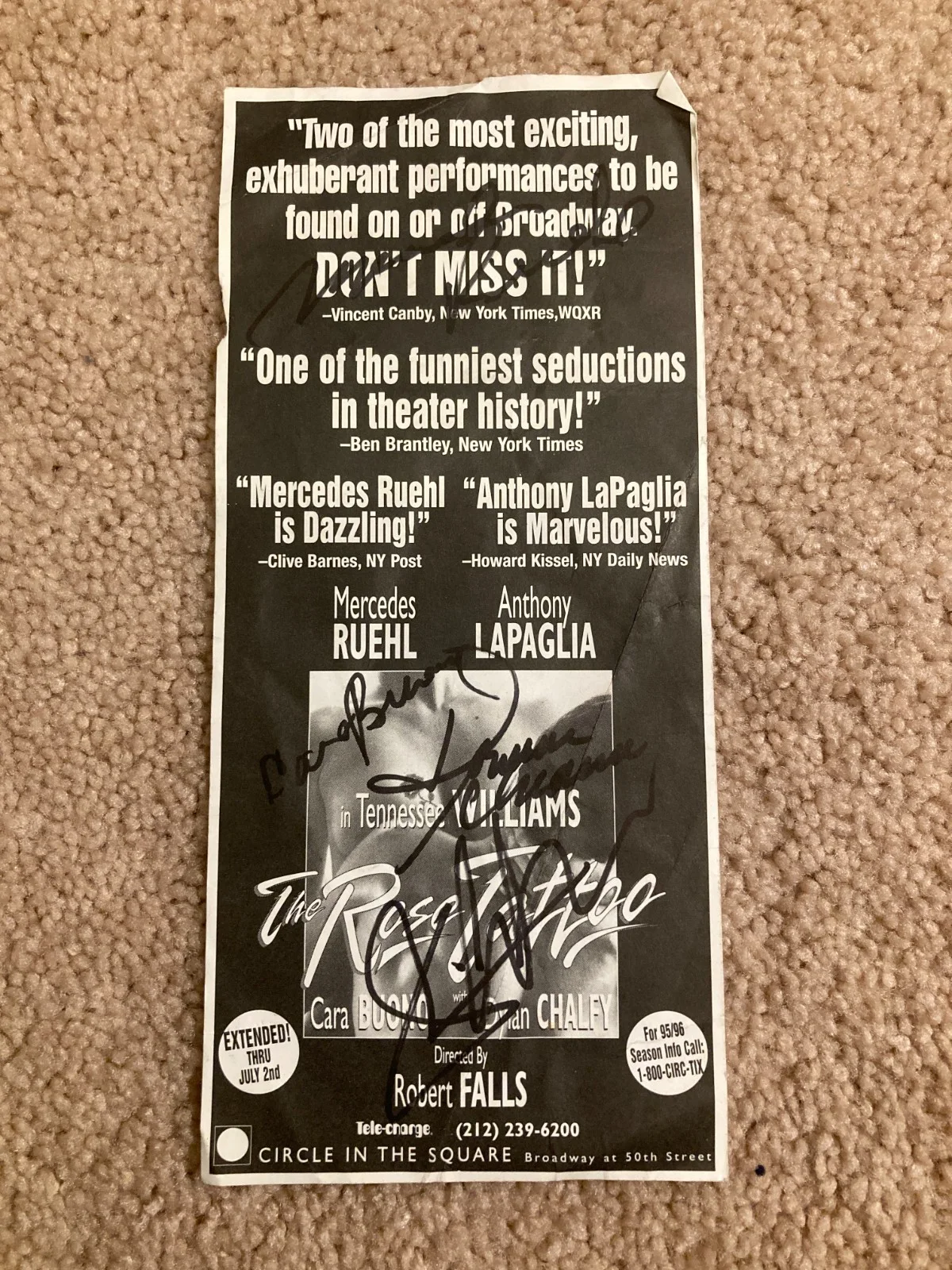 Mercedes Ruehl, Anthony Lapaglia, Cara Buono, Dylan Chalfy — Mercedes Ruehl Anthony Lapaglia Cara Buono Dylan Chalfy Signed Rose Tattoo Flyer