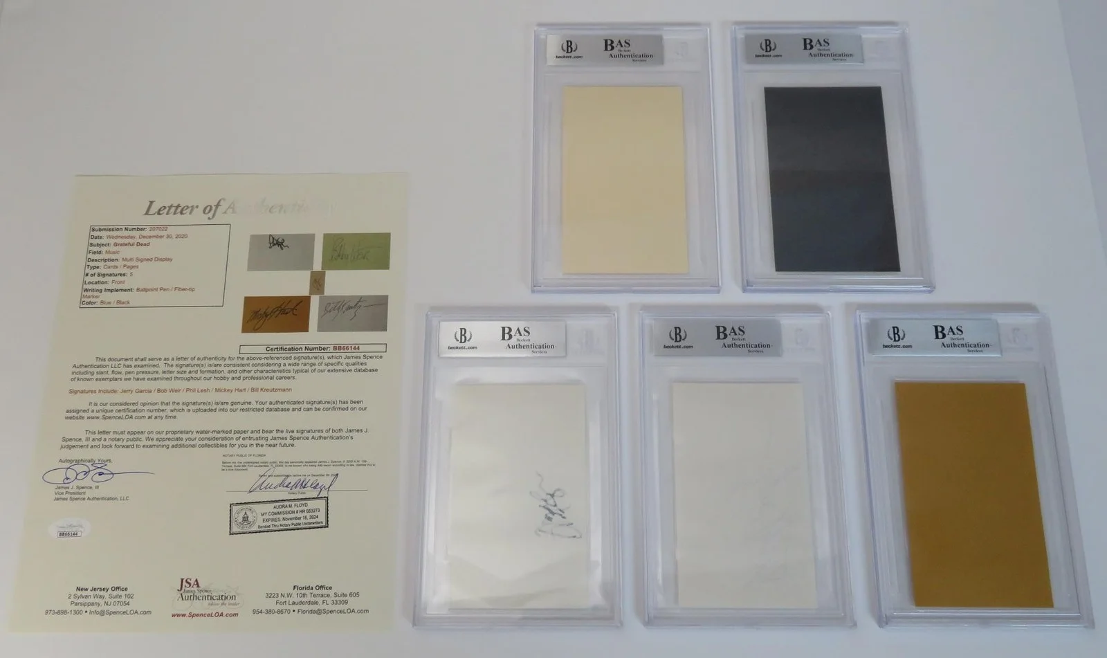 Jerry Garcia GRATEFUL DEAD Signed Autograph Auto 3x5 Set by All 5 Slab BAS JSA, image 2