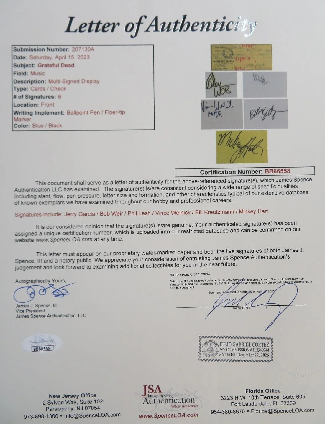 Jerry Garcia GRATEFUL DEAD Signed Autograph Auto 3x5 Set by All 6 Slab PSA JSA, изображение 2