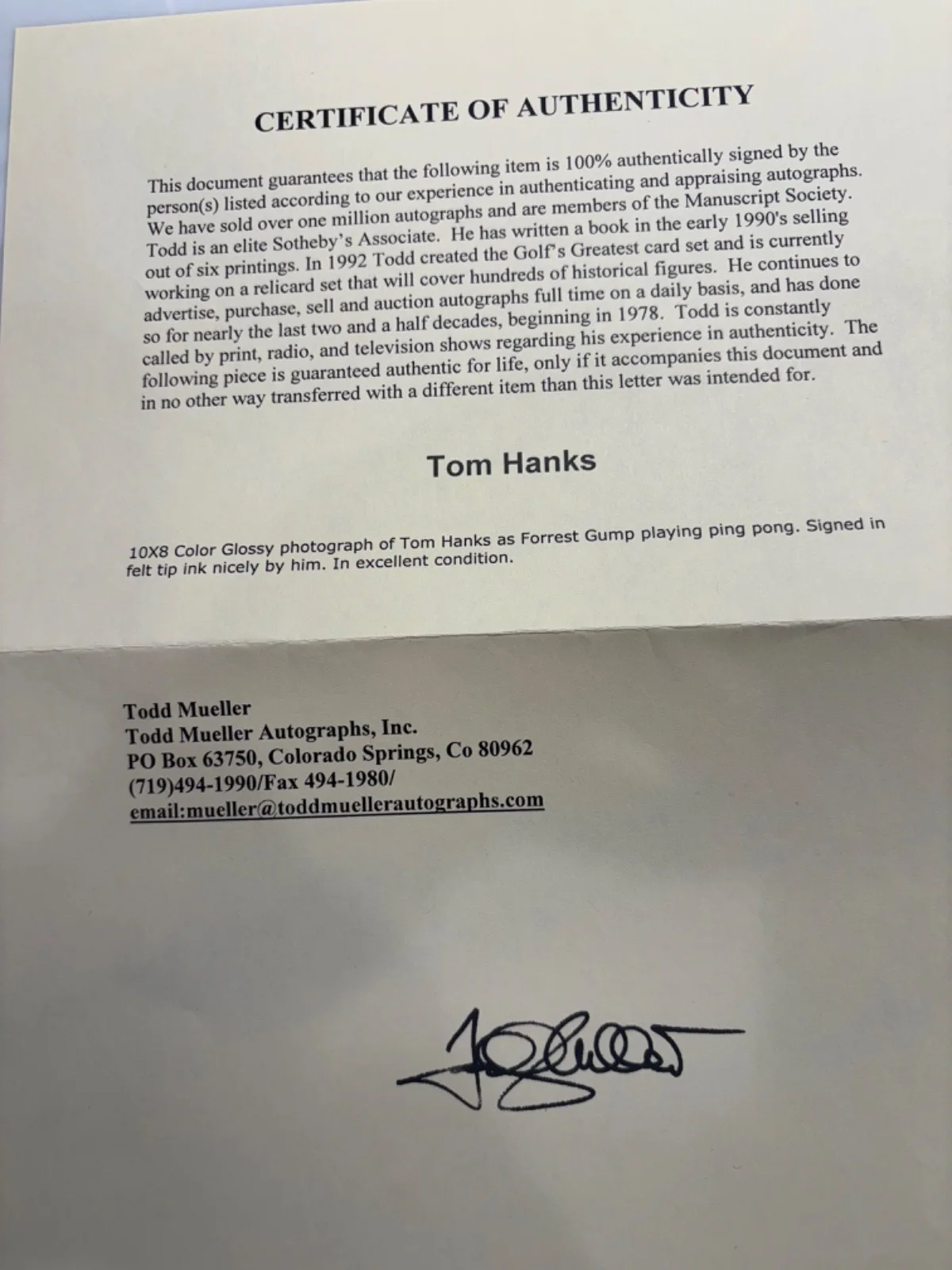 Tom Hanks — Tom Hanks as Forrest Gump signed photo….coa from Todd Mueller, image 2