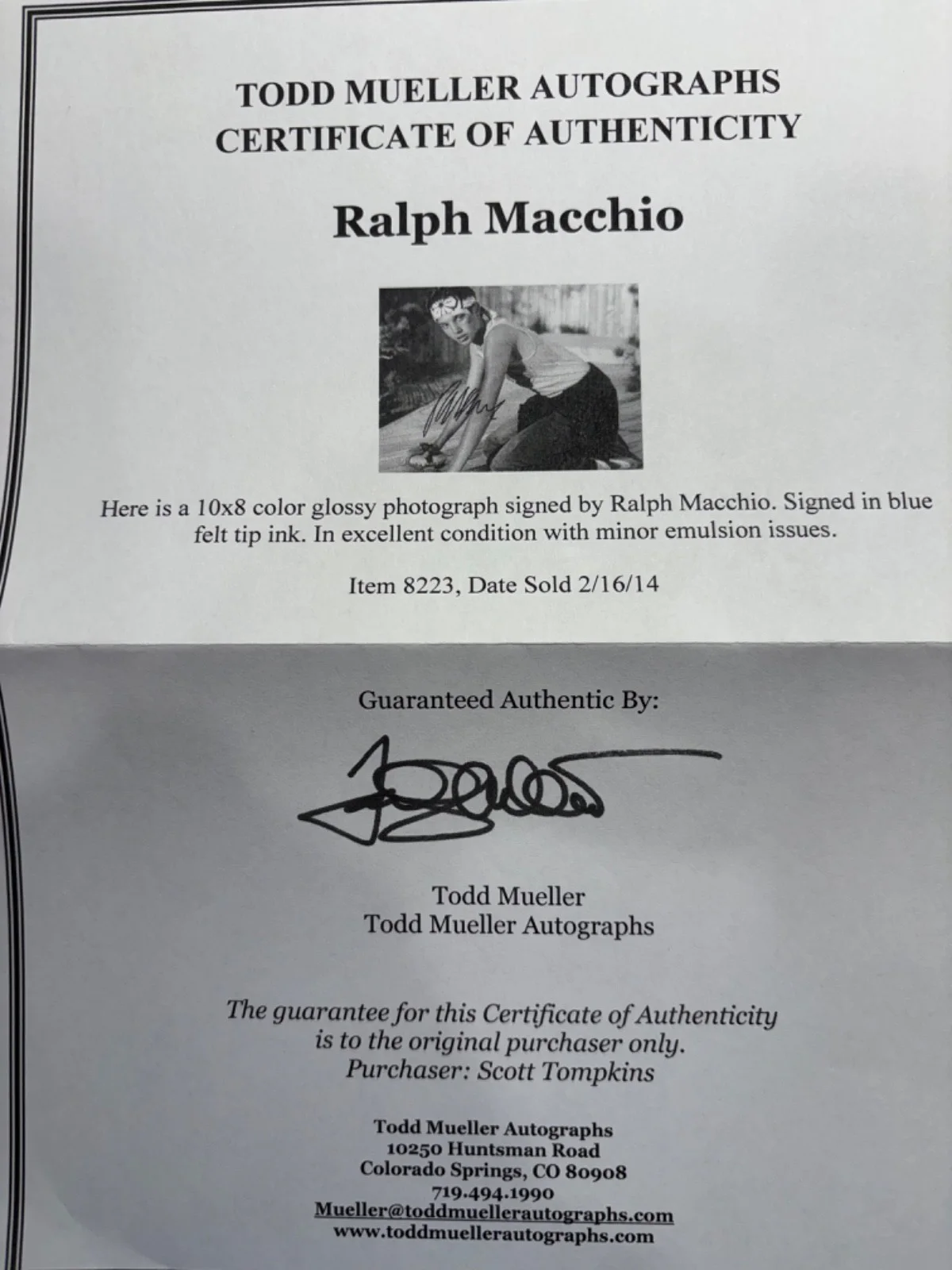 Ralph Macchio — Ralph Macchio signed photo as the Karate Kid….coa from Todd Mueller, image 2