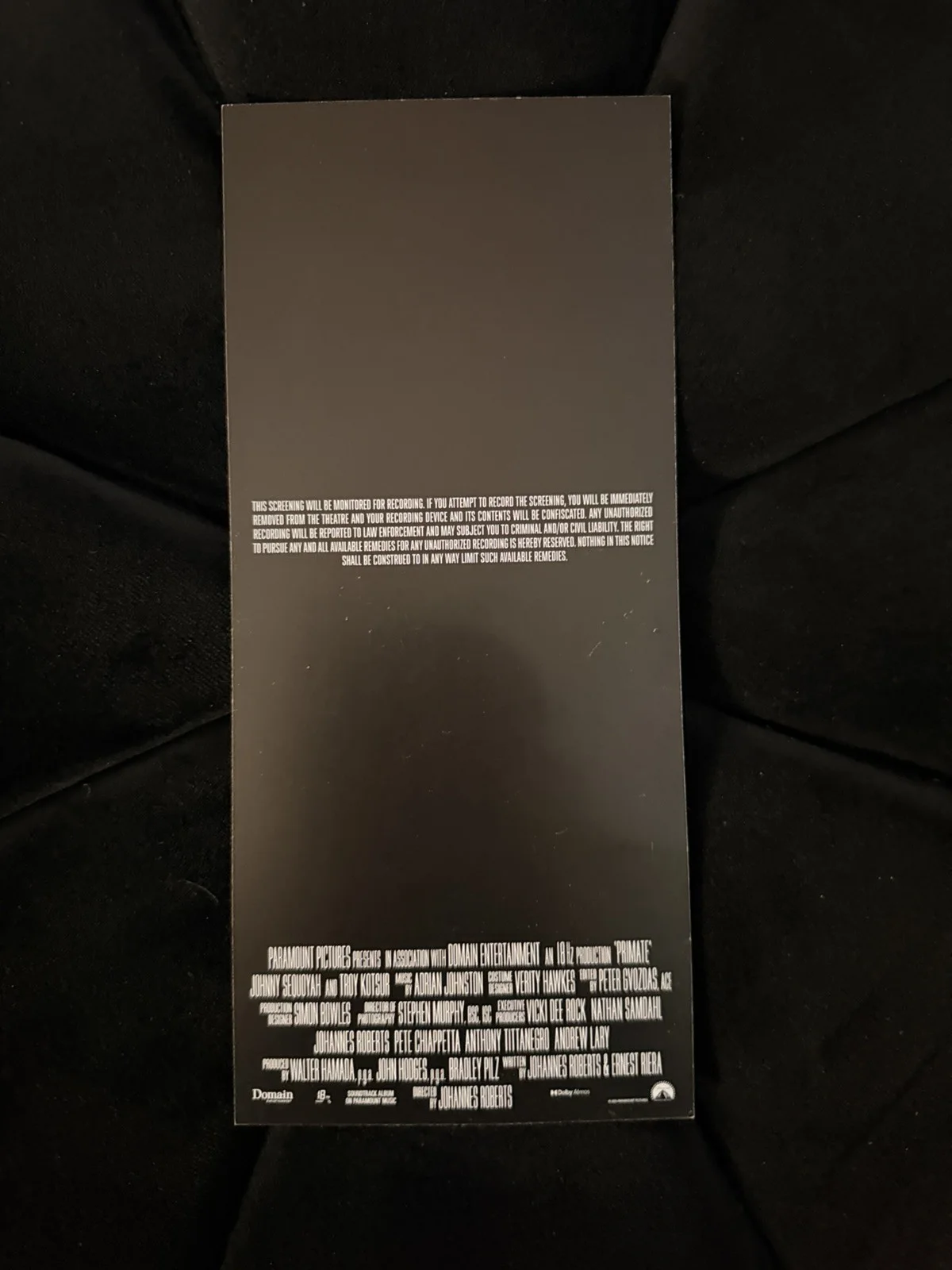Primate Movie Ticket Signed By Director Johannes Robert’s and stars, image 2