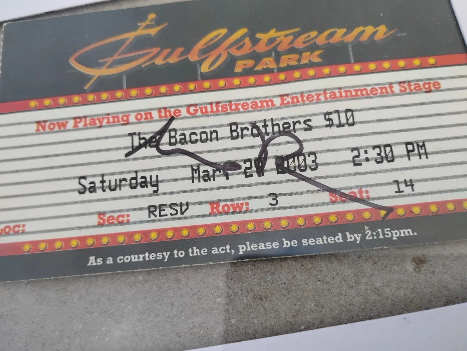 Kevin Bacon Autographed Signed Bacon Brothers Ticket Stub at Gulfstream Park, изображение 2