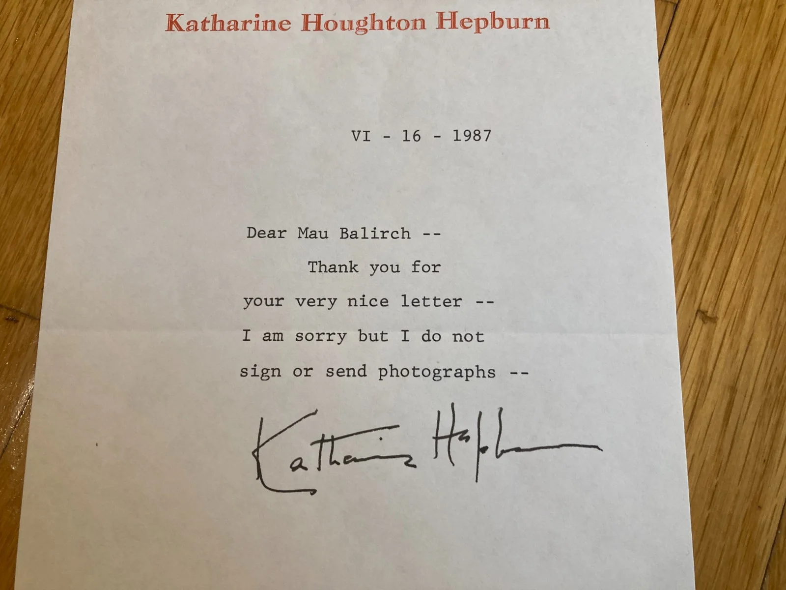 Katharine Hepburn — Katharine Hepburn Signed Autographed 6x8 Typed 1987 Letter PSA, image 2