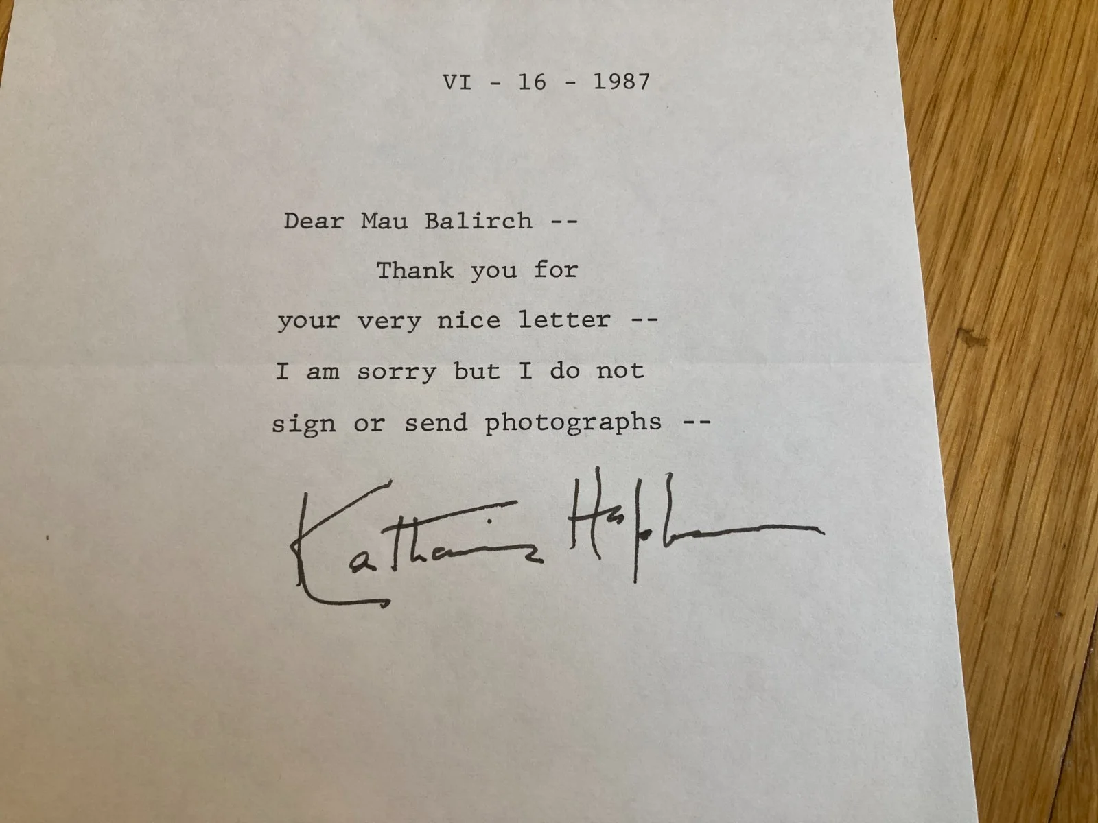 Katharine Hepburn — Katharine Hepburn Signed Autographed 6x8 Typed 1987 Letter PSA, image 3
