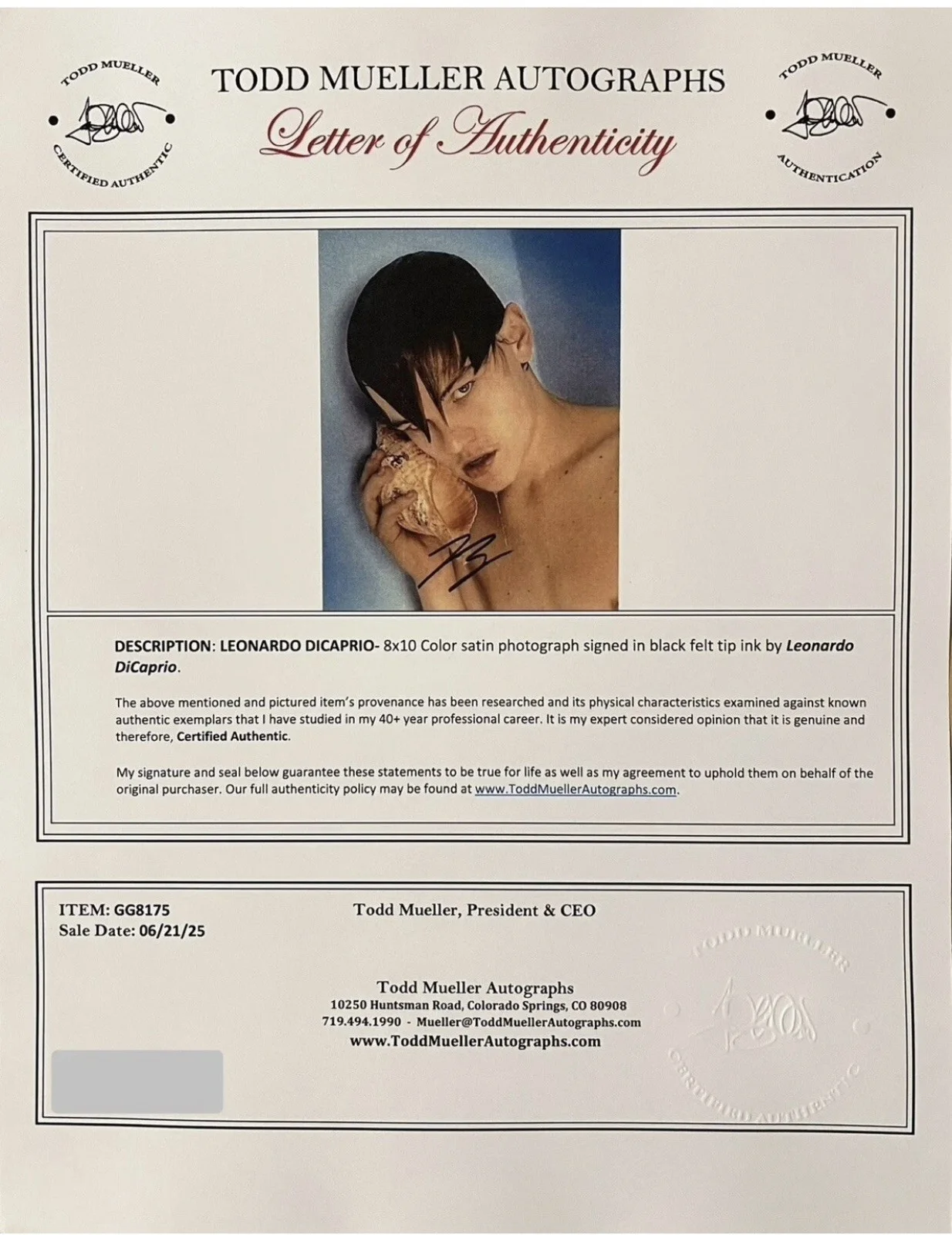 Leonardo DiCaprio — Leonardo Dicaprio Signed 8x10 Photo Todd Mueller COA Titanic, изображение 2