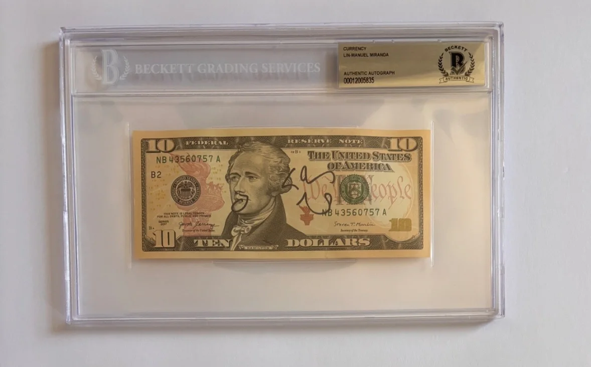 LIN MANUEL MIRANDA SIGNED $10 BILL US MONEY HAMILTON BROADWAY PLAY SLAB BAS, image 2