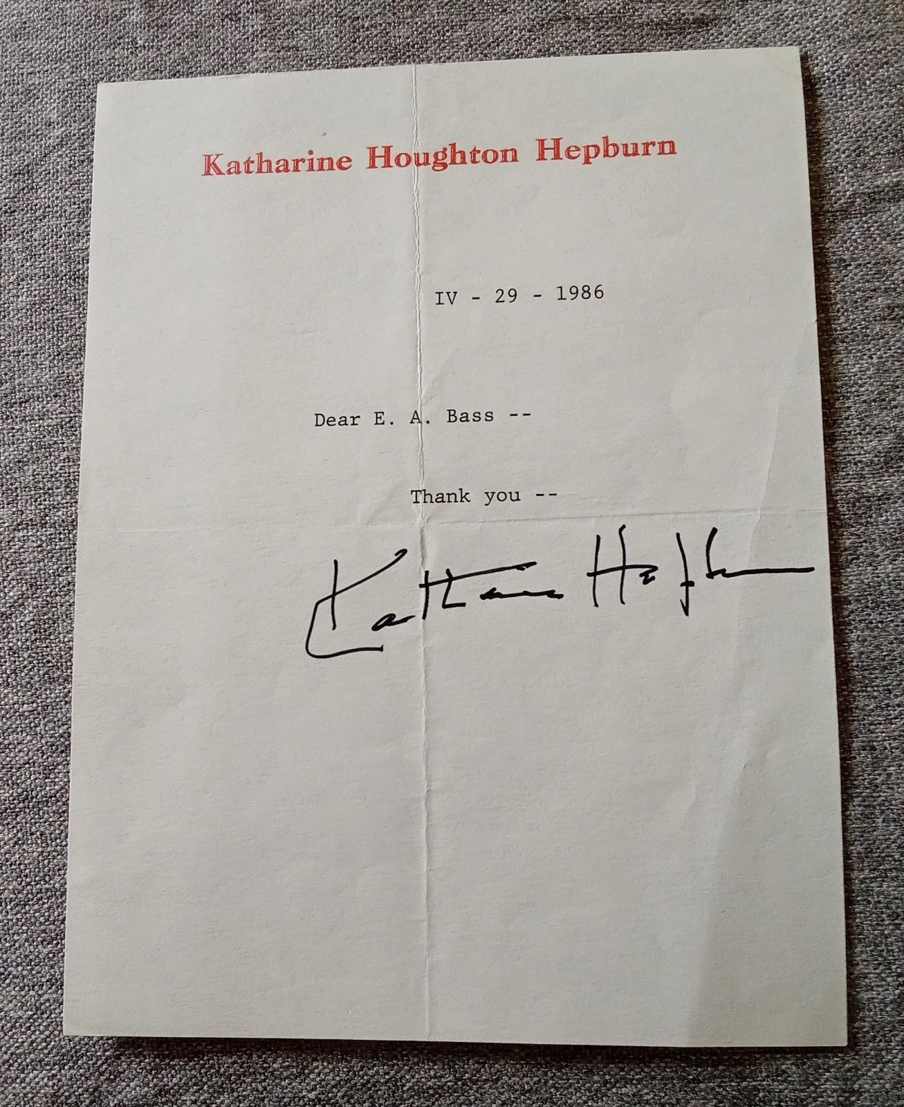Katharine Hepburn — Original Katharine Hepburn- Autographed on her Letterhead IV-29-1986 plus Letter