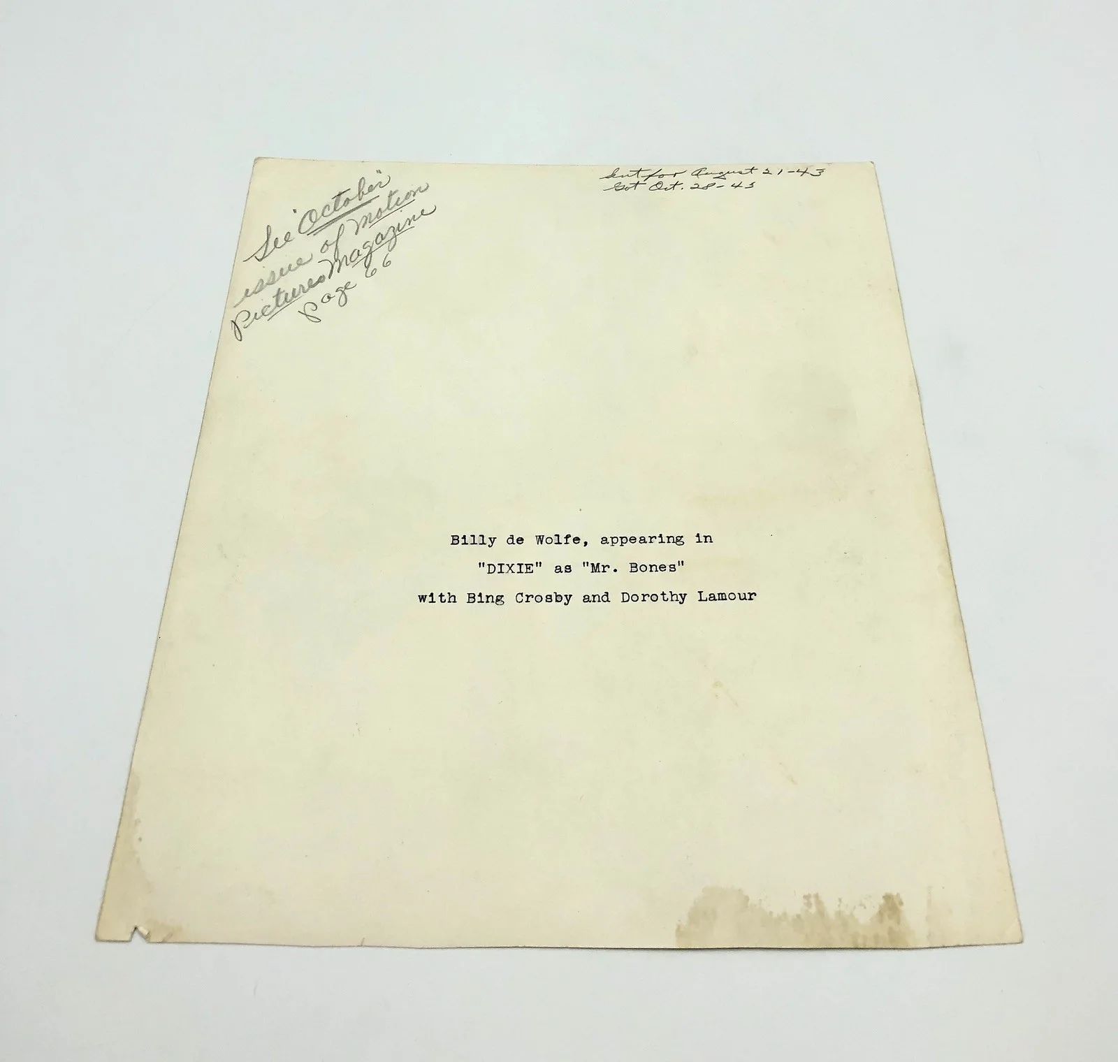 Billy De Wolfe — Billy De Wolfe Autographed 1943 Photo Dixie Bing Crosby Dorothy Lamour 8x9.5, image 3