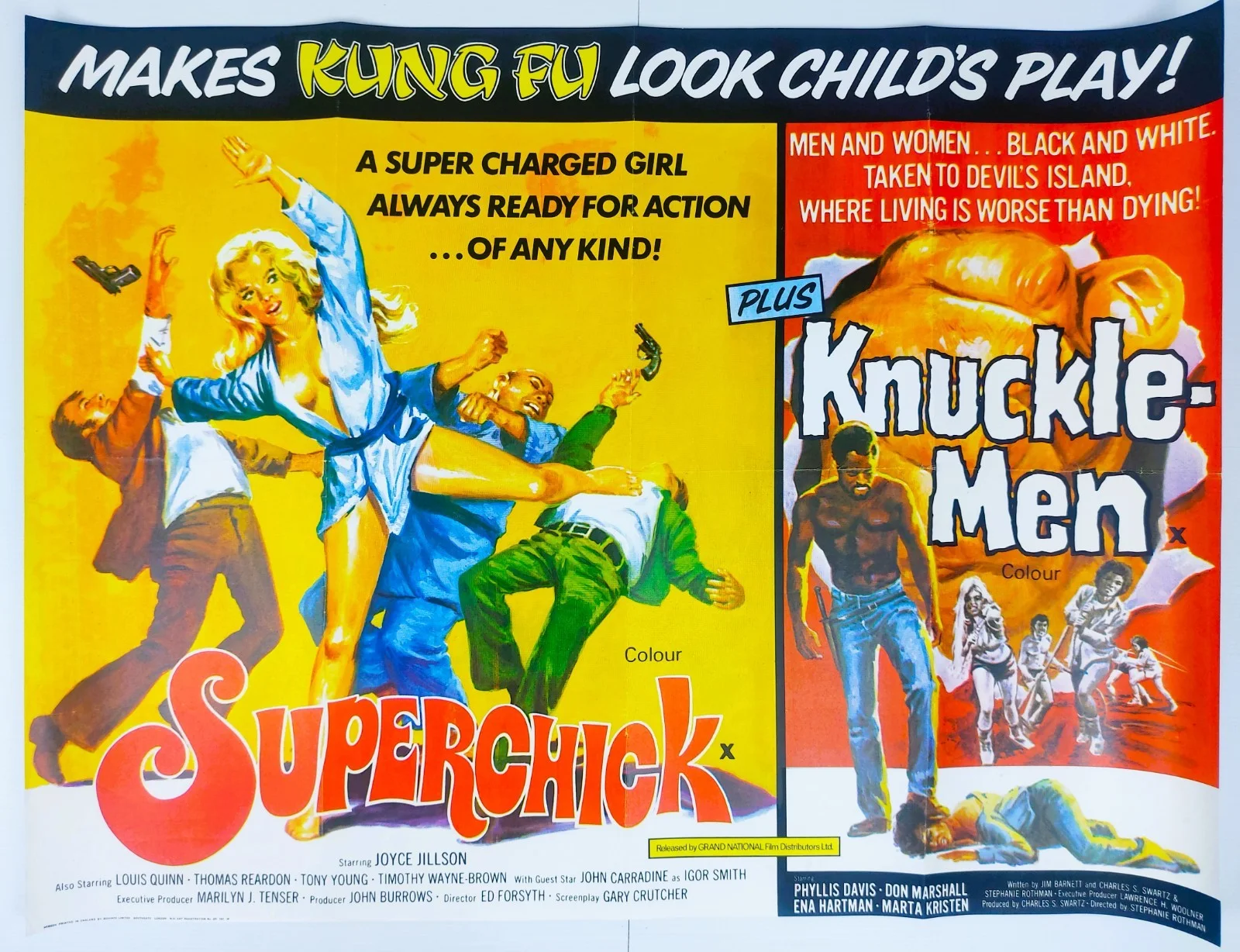 SUPERCHICK / KNUCKLE-MEN ORIGINAL UK QUAD DOUBLE BILL FILM POSTER 1973, image 2