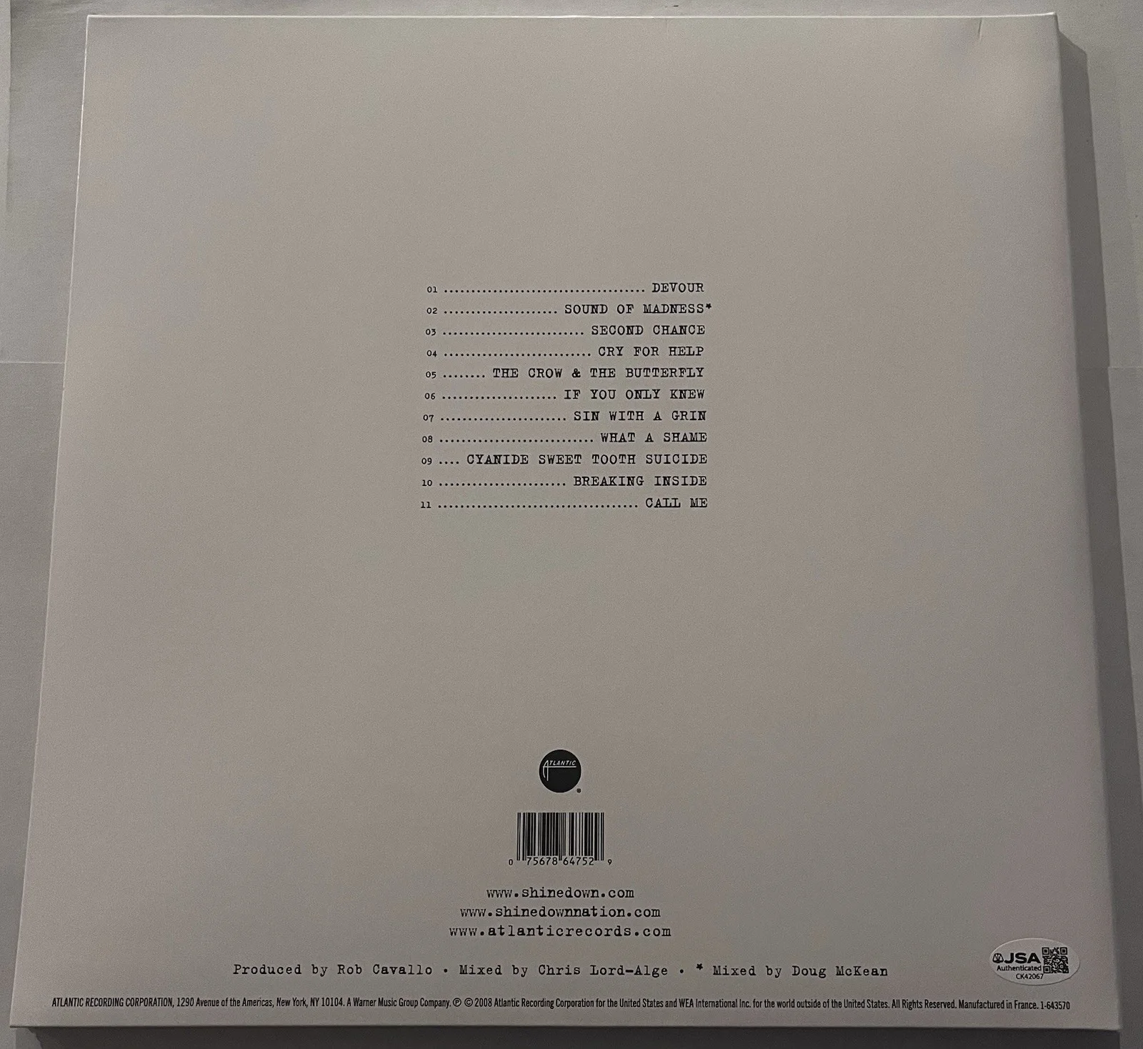 SHINEDOWN BAND SIGNED THE SOUND OF MADNESS LP VINYL RECORD ALBUM BRENT SMITH JSA, изображение 4