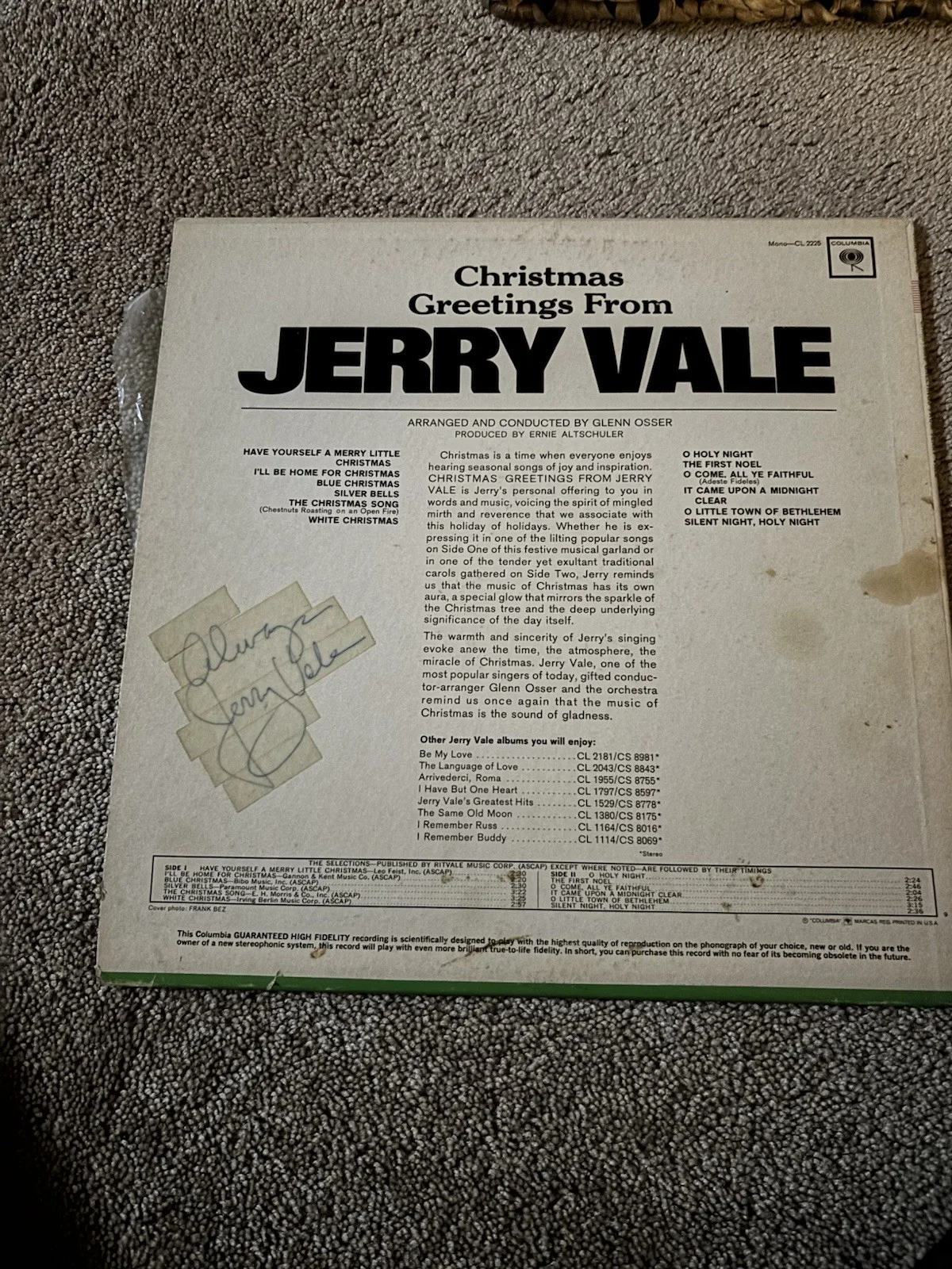 Jerry Vale Autographed Christmas Greetings Record Signed Original, image 2