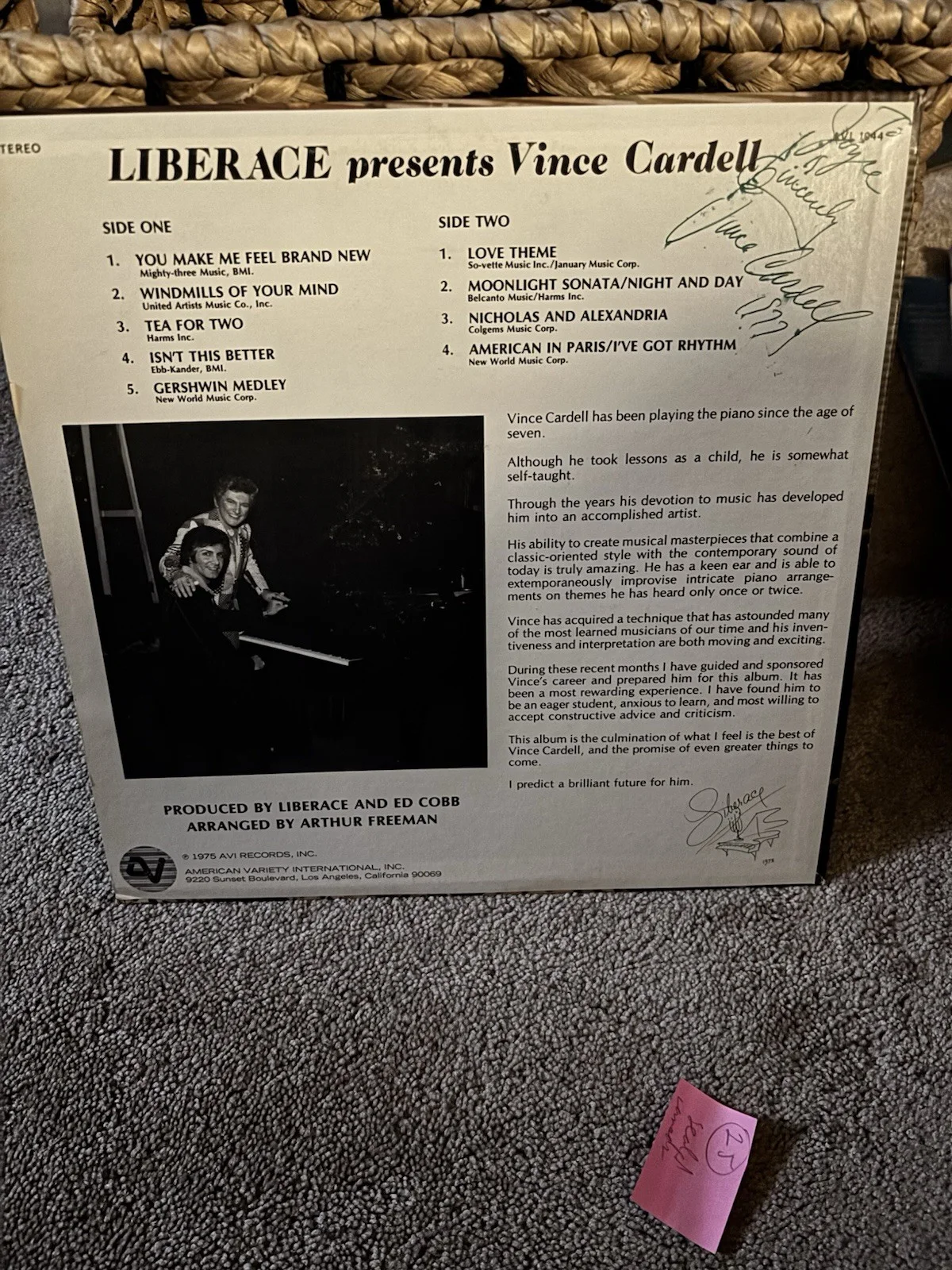 Liberace Presents Vince Cardell Autographed Record Signed Original, image 2