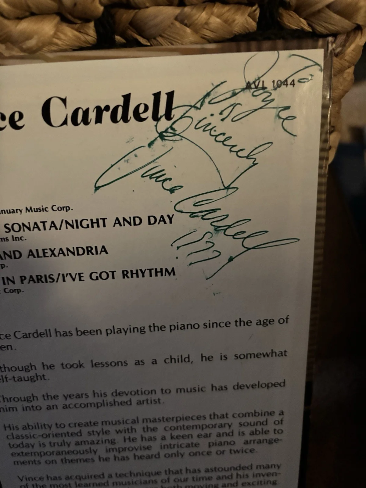 Liberace Presents Vince Cardell Autographed Record Signed Original, image 3