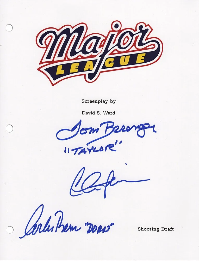 Tom Berenger — Charlie Sheen, Bernsen, Berenger Signed Major League Script Cover w/2-INS SS COA