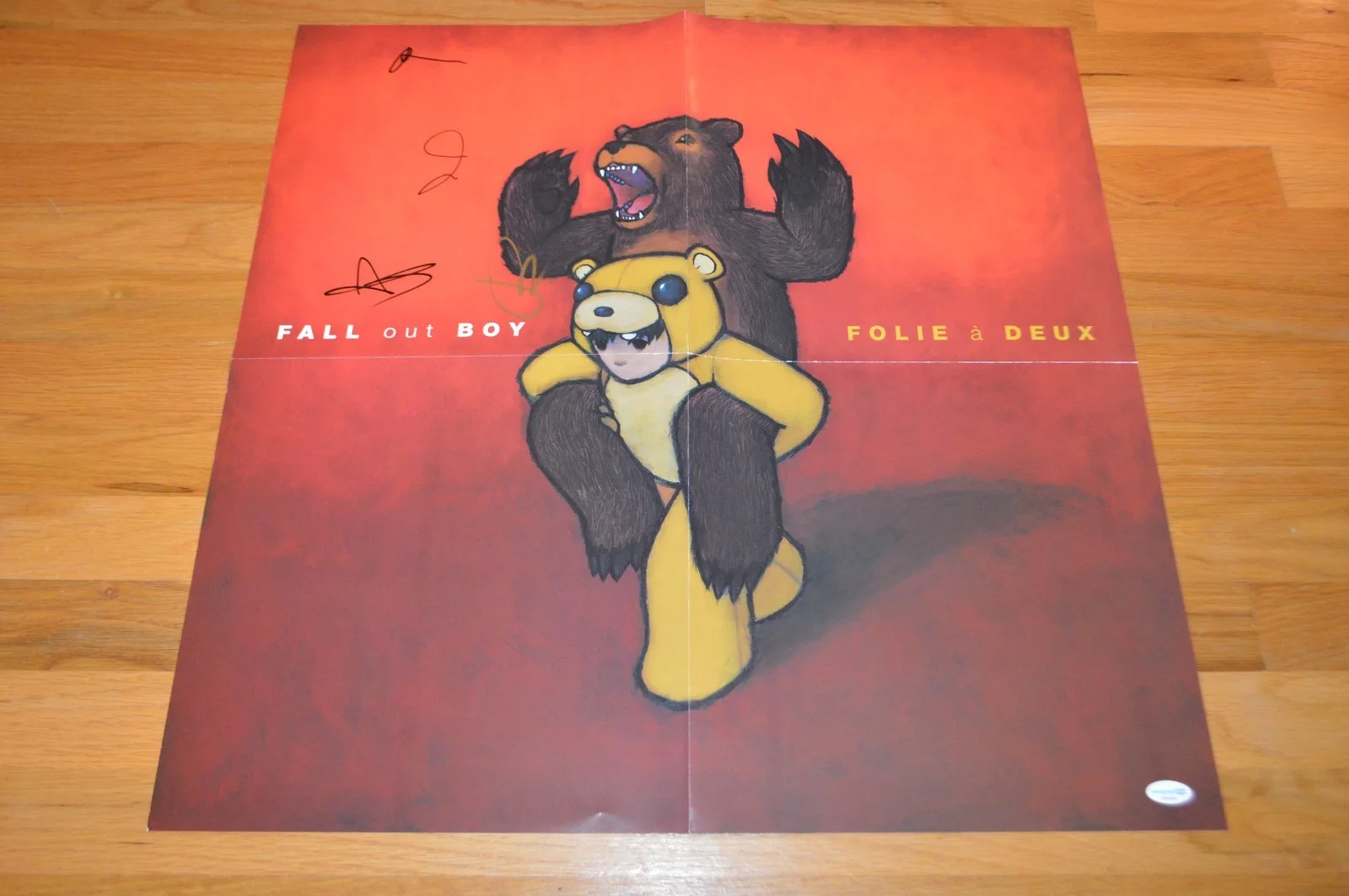 Fall Out Boy ~ Entire Band Signed "Folie a Deux" LP Poster AUTOGRAPH Hologram, image 4