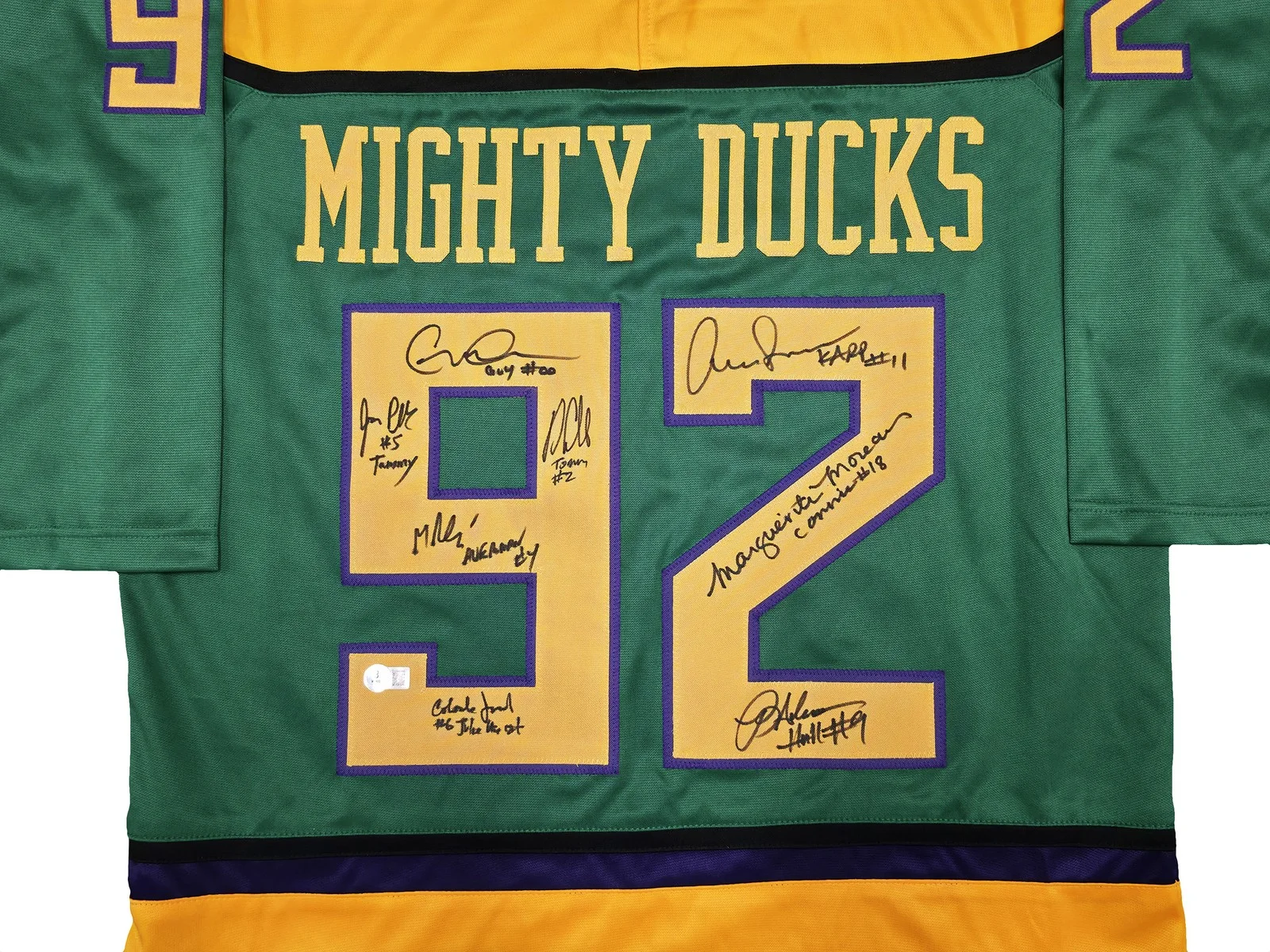 The Mighty — The Mighty Ducks Cast Signed Green Hockey Sweater Jersey 8 Sigs Beckett Witness, изображение 2