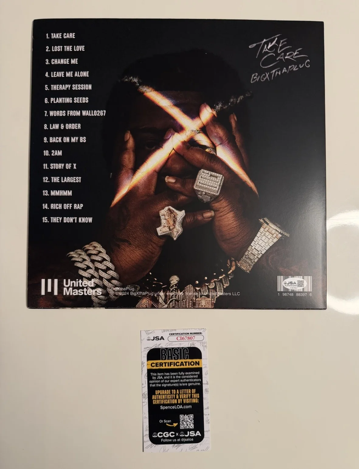 BigXthaPlug Rapper Autographed “TAKE CARE” Vinyl Rare The Largest JSA COA, image 2