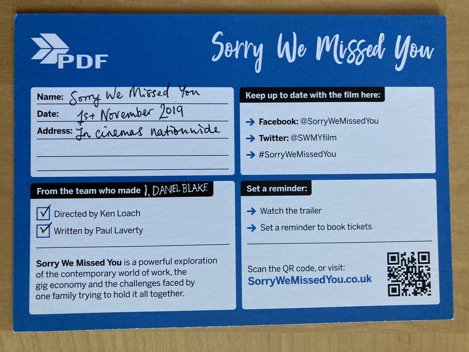 Sorry We Missed You promotional postcard, image 2