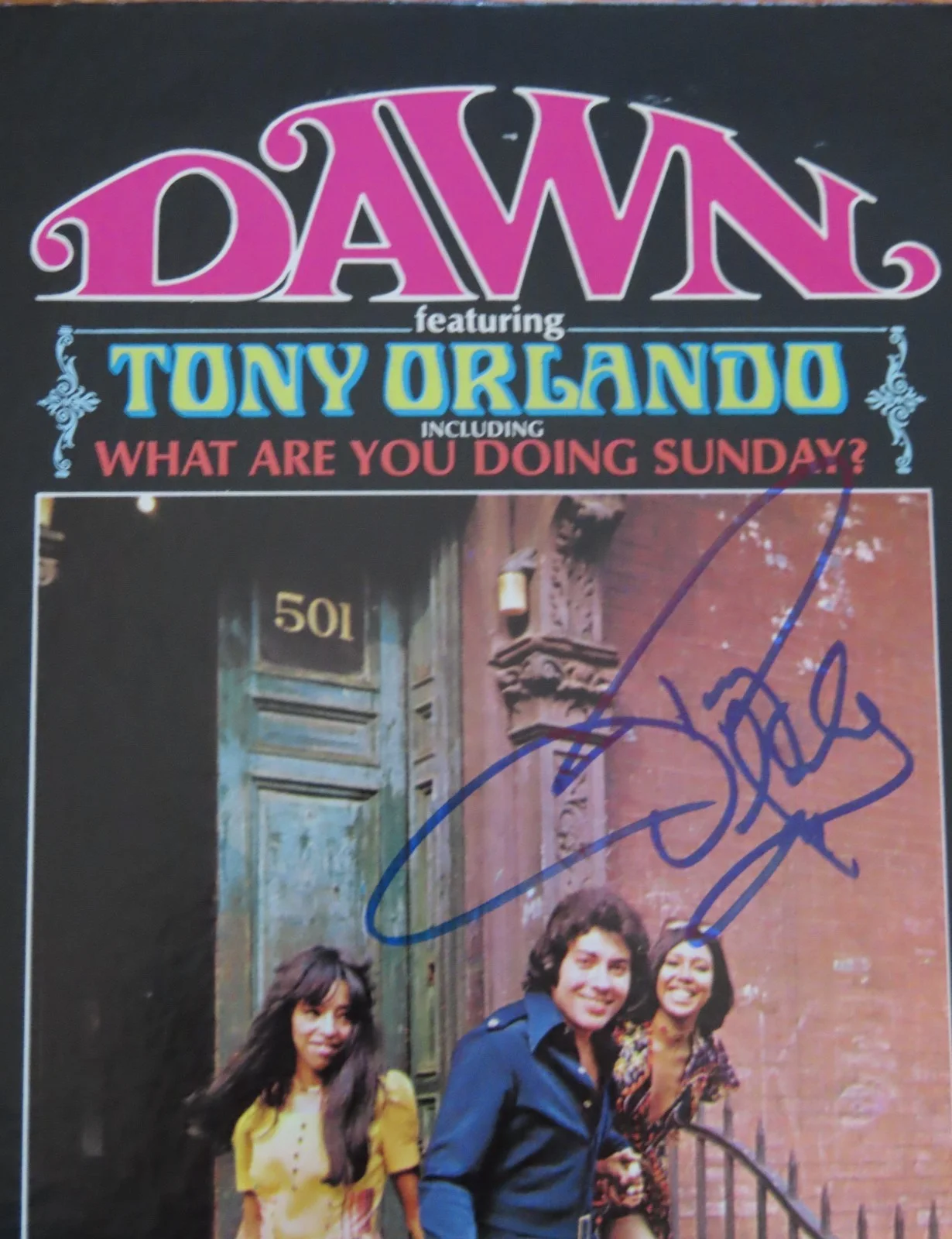 DAWN Featuring TONY ORLANDO signed 1971 Record COA "What Are You Doing SUNDAY?", image 2