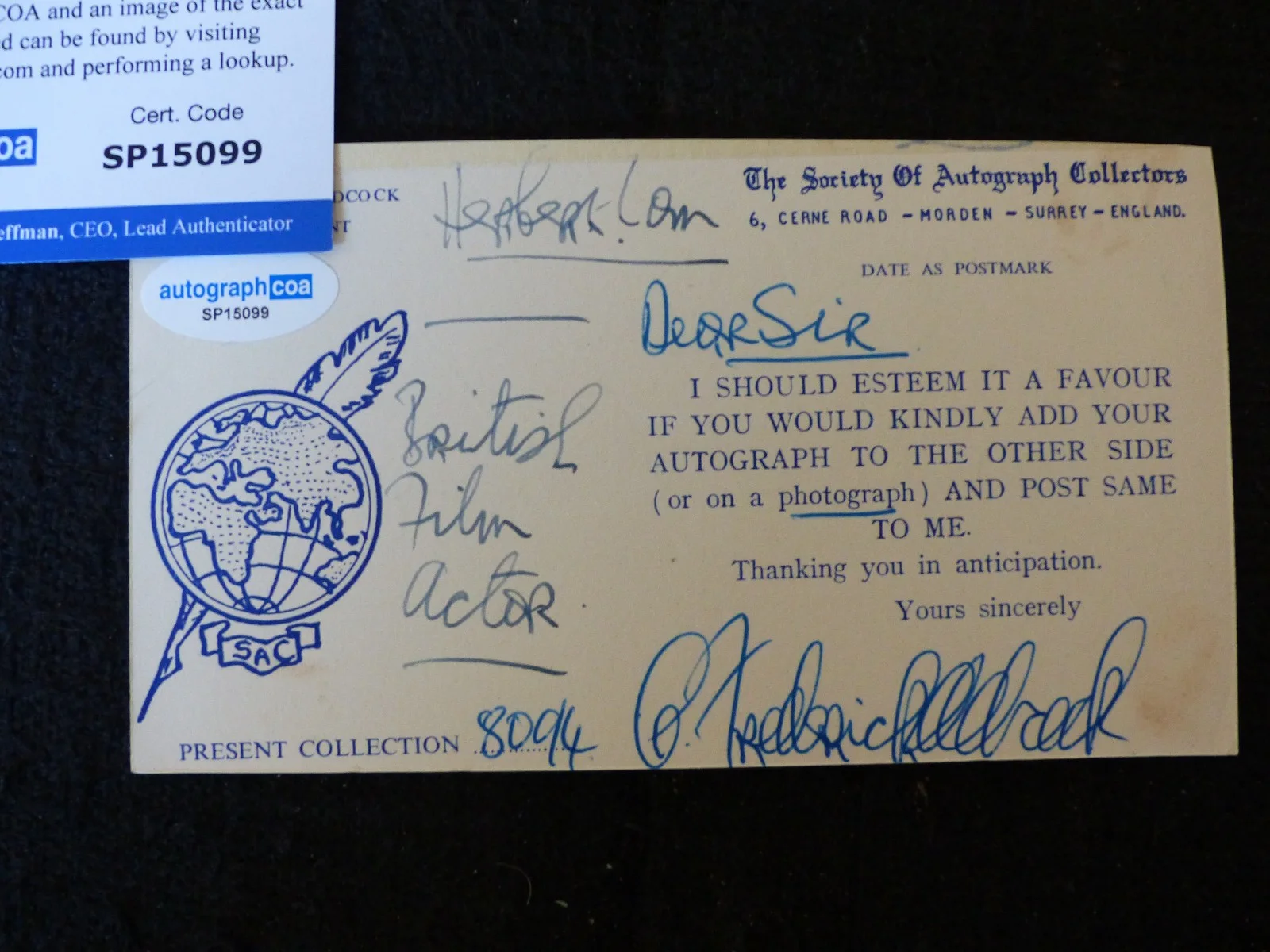 Herbert Lom — HERBERT LOM signed autograph 3x5.5 index autographed Card ACOA COA, image 2
