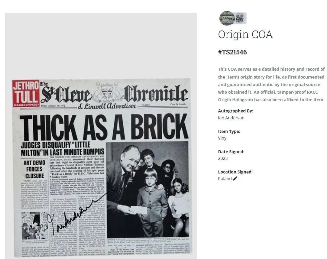 Jethro Tull Ian Anderson Thick As A Brick Signed Autographed Album Record w/COA, image 2