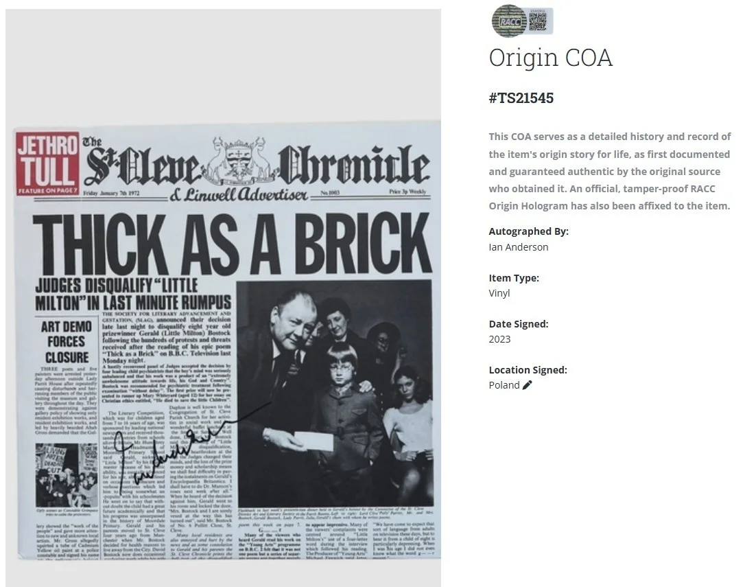Jethro Tull Ian Anderson Thick As A Brick Signed Autographed Album Record w/COA, image 2