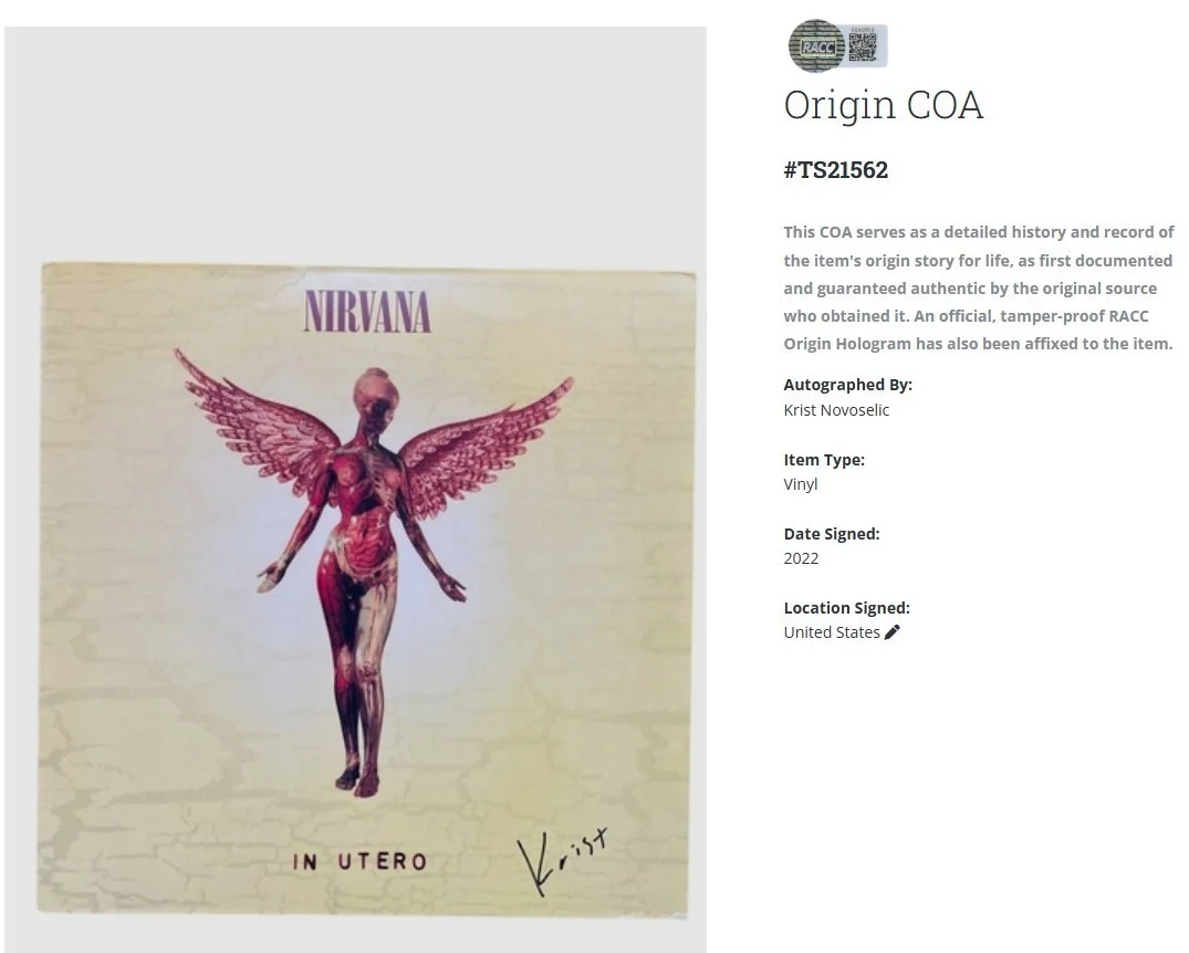 Nirvana In Utero Krist Novoselic Signed Autographed Album Vinyl Record w/COA, изображение 2