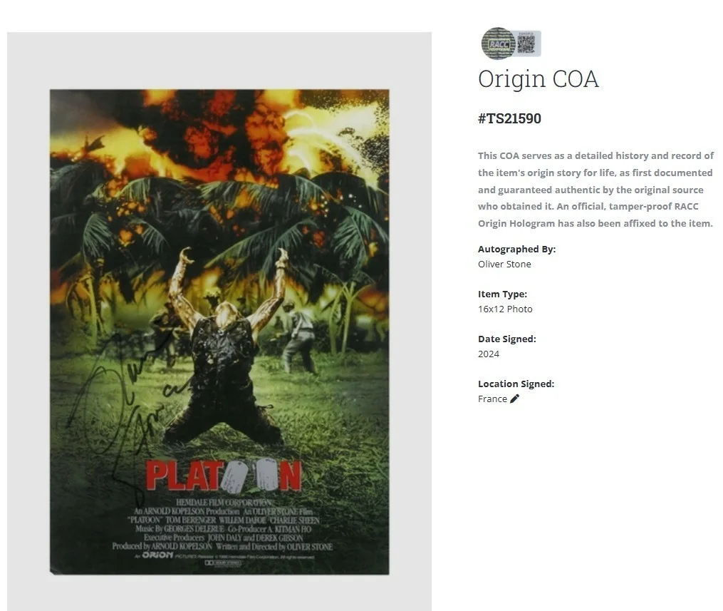 Oliver Stone — Oliver Stone Platoon 11x16 movie autographed poster signed w/COA, image 2