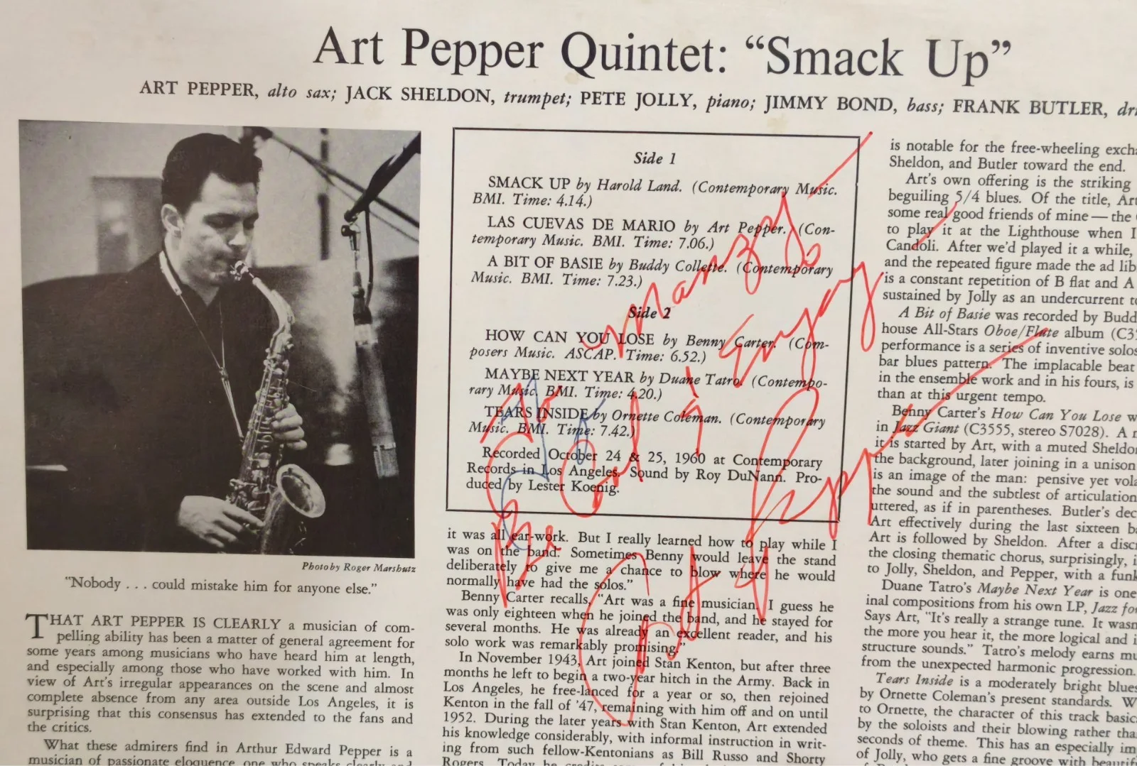 Art Pepper signed autographed lp original jazz great rare, image 2