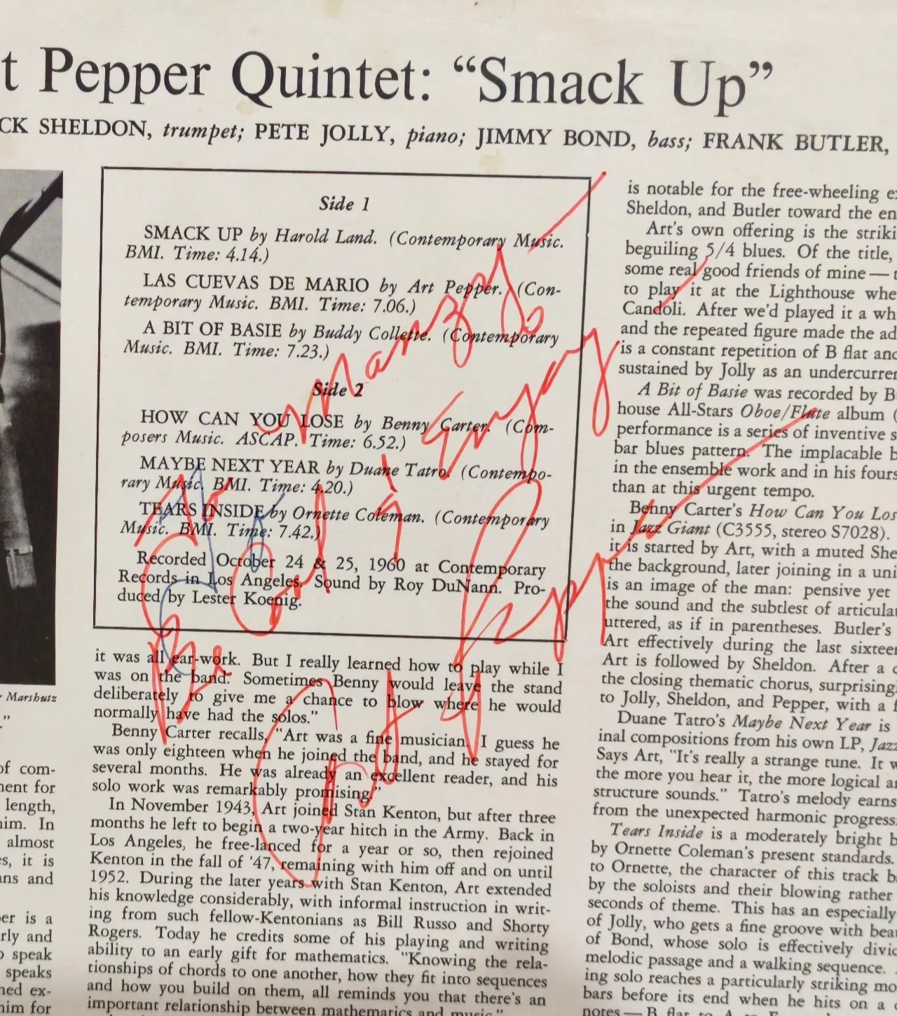 Art Pepper signed autographed lp original jazz great rare, image 3
