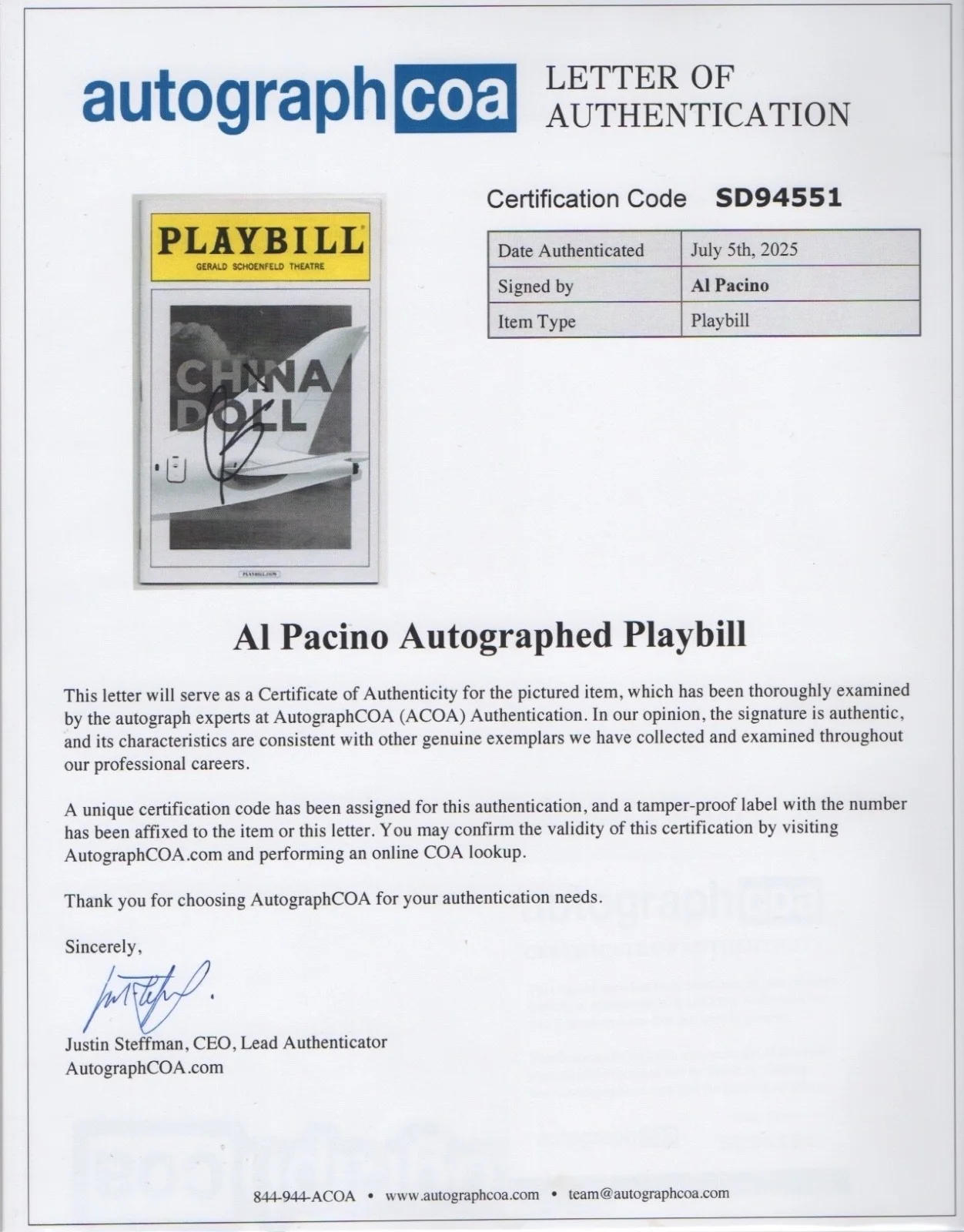 Al Pacino — AL PACINO signed China Doll playbill auto AUTOGRAPH IP Godfather ACOA LOA cert, image 2
