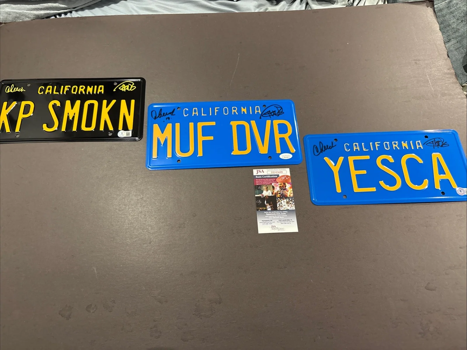 Cheech and Chong — Cheech and Chong Signed 3 License Plates -KP SMOKN & MUF DVR & YESCA-BAS/JSA