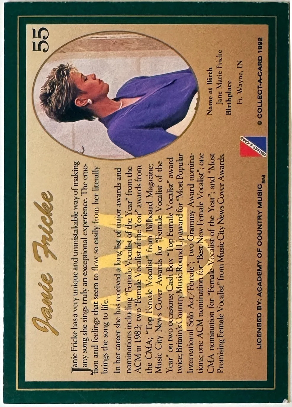 Janie Fricke signed 1992 Country Classics ACM On Card Auto #55-COA Singer/Artist, изображение 2