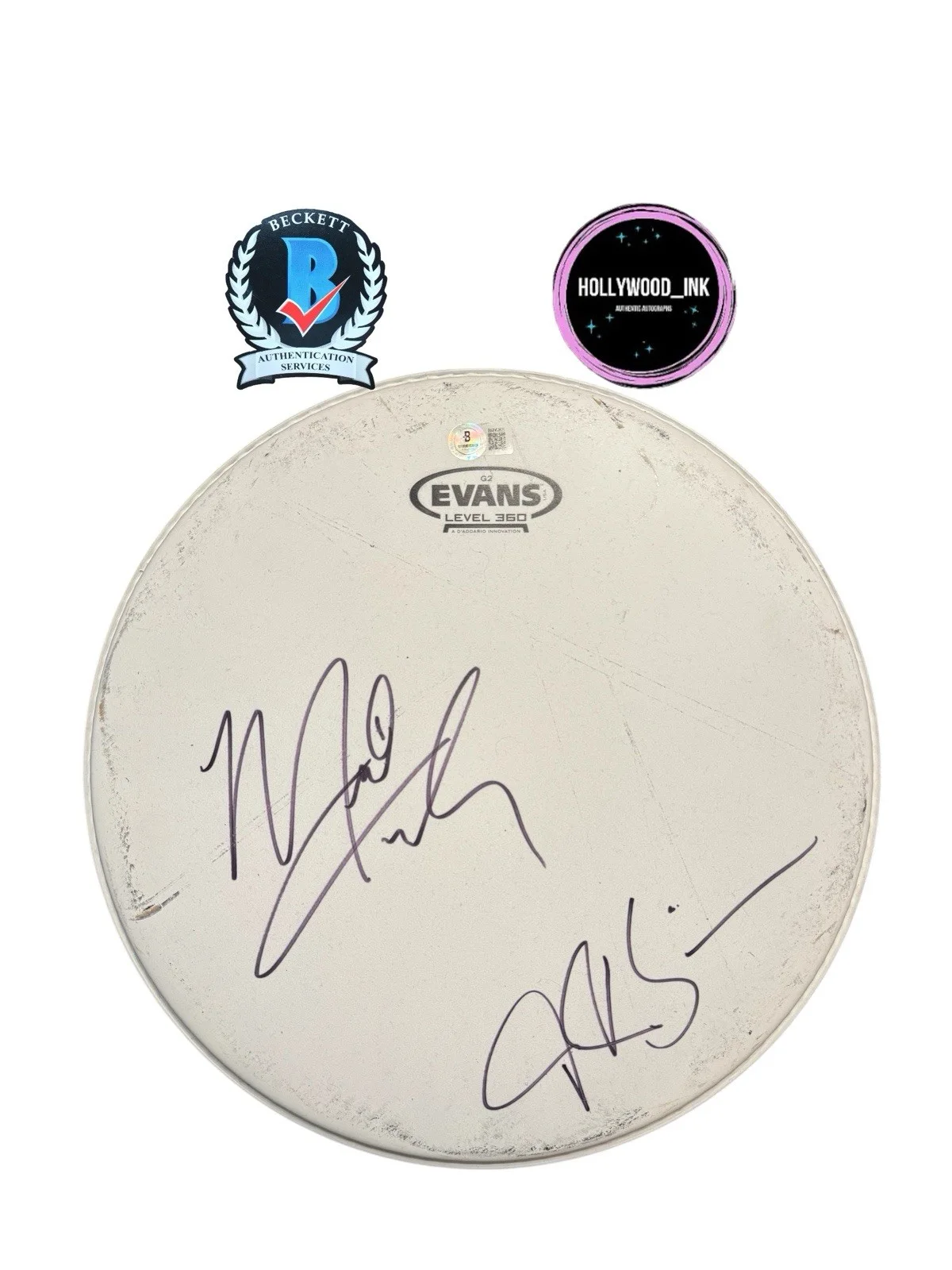 Miles Teller & J.K Simmons — MILES TELLER & J.K. SIMMONS SIGNED AUTOGRAPH WHIPLASH DRUMHEAD BECKETT BN96869